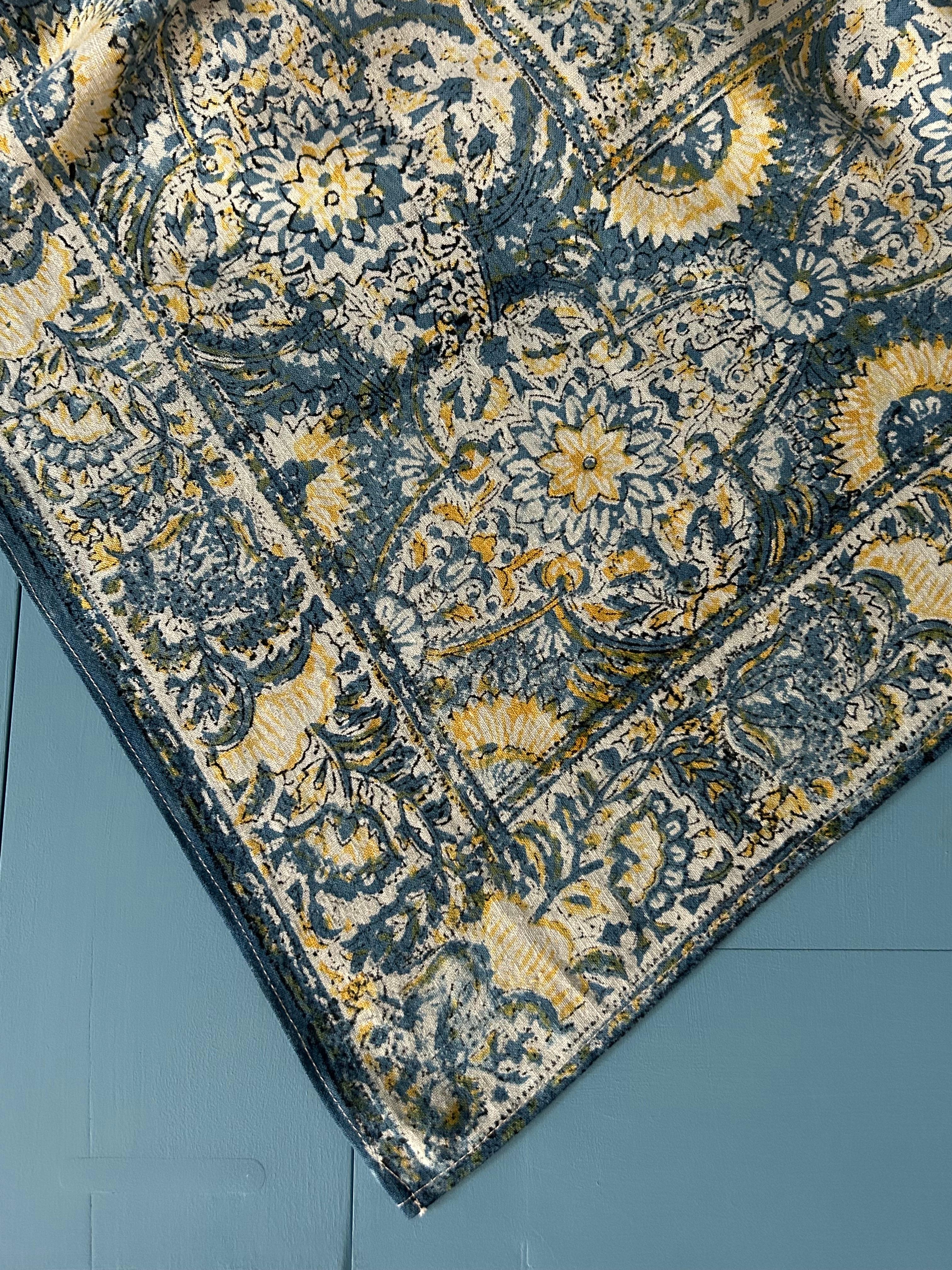Vintage Blue and Yellow Block Printed Table Cloth, India, 1950s For Sale 1