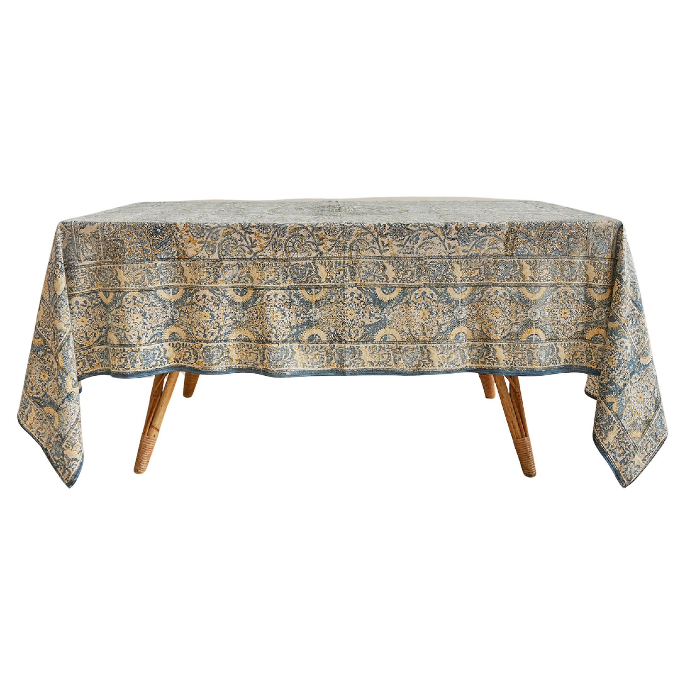 Vintage Blue and Yellow Block Printed Table Cloth, India, 1950s For Sale