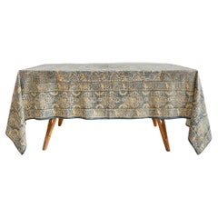 Vintage Blue and Yellow Block Printed Table Cloth, India, 1950s