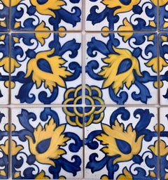 Vintage Blue and Yellow Hand-Painted Portuguese Ceramic Tiles, Set of 18