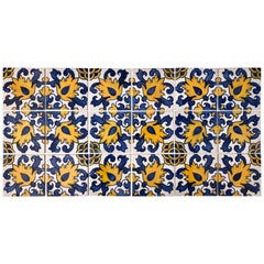 Vintage Blue and Yellow Hand-Painted Portuguese Ceramic Tiles, Set of 18