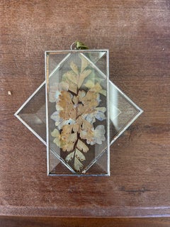 Vintage Blue and Yellow Pressed Flowers in Glass Ornament Art Decor