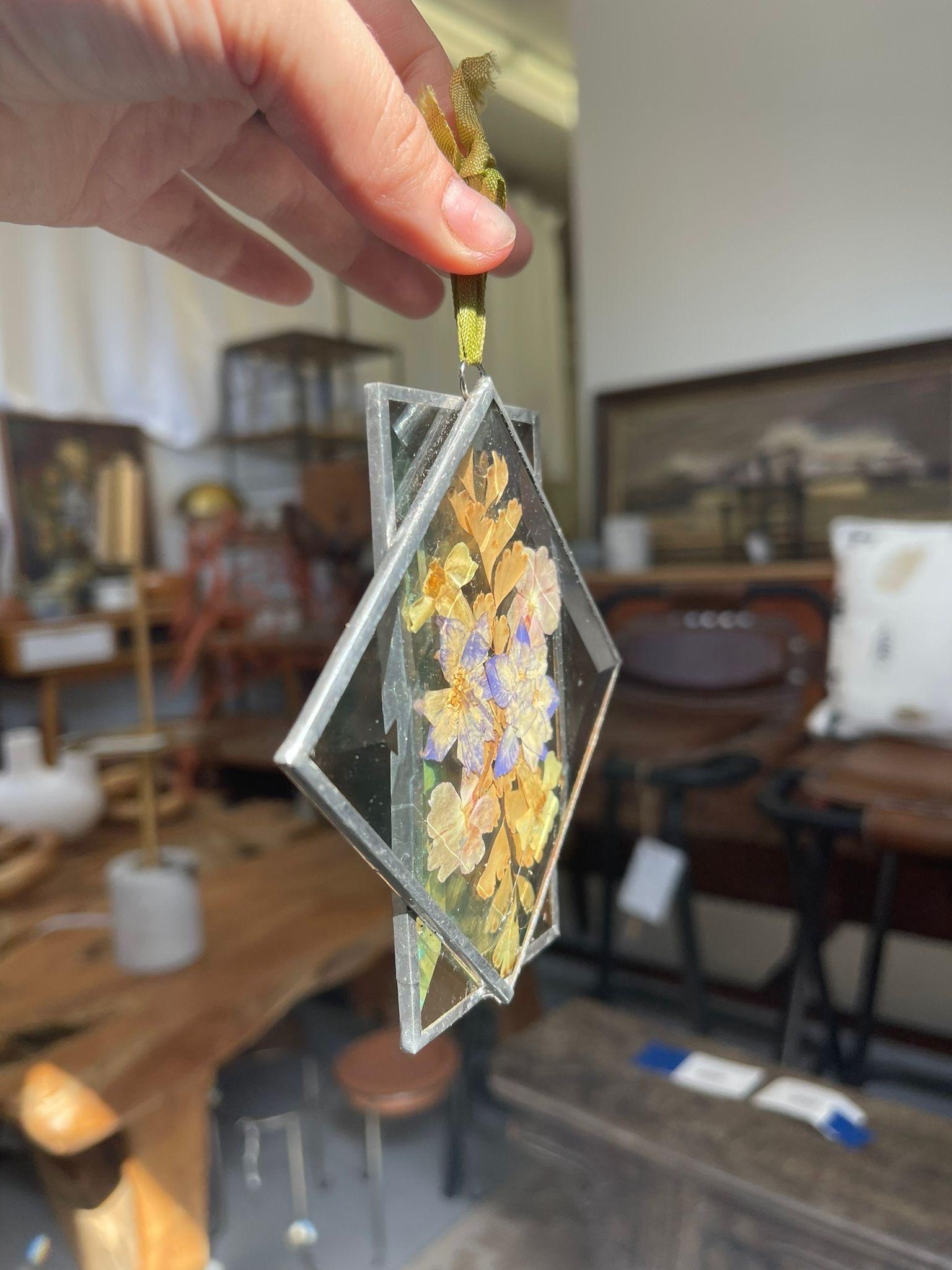 Vintage Blue and Yellow Pressed Flowers in Glass Ornament Art Decor  In Good Condition For Sale In Seattle, WA