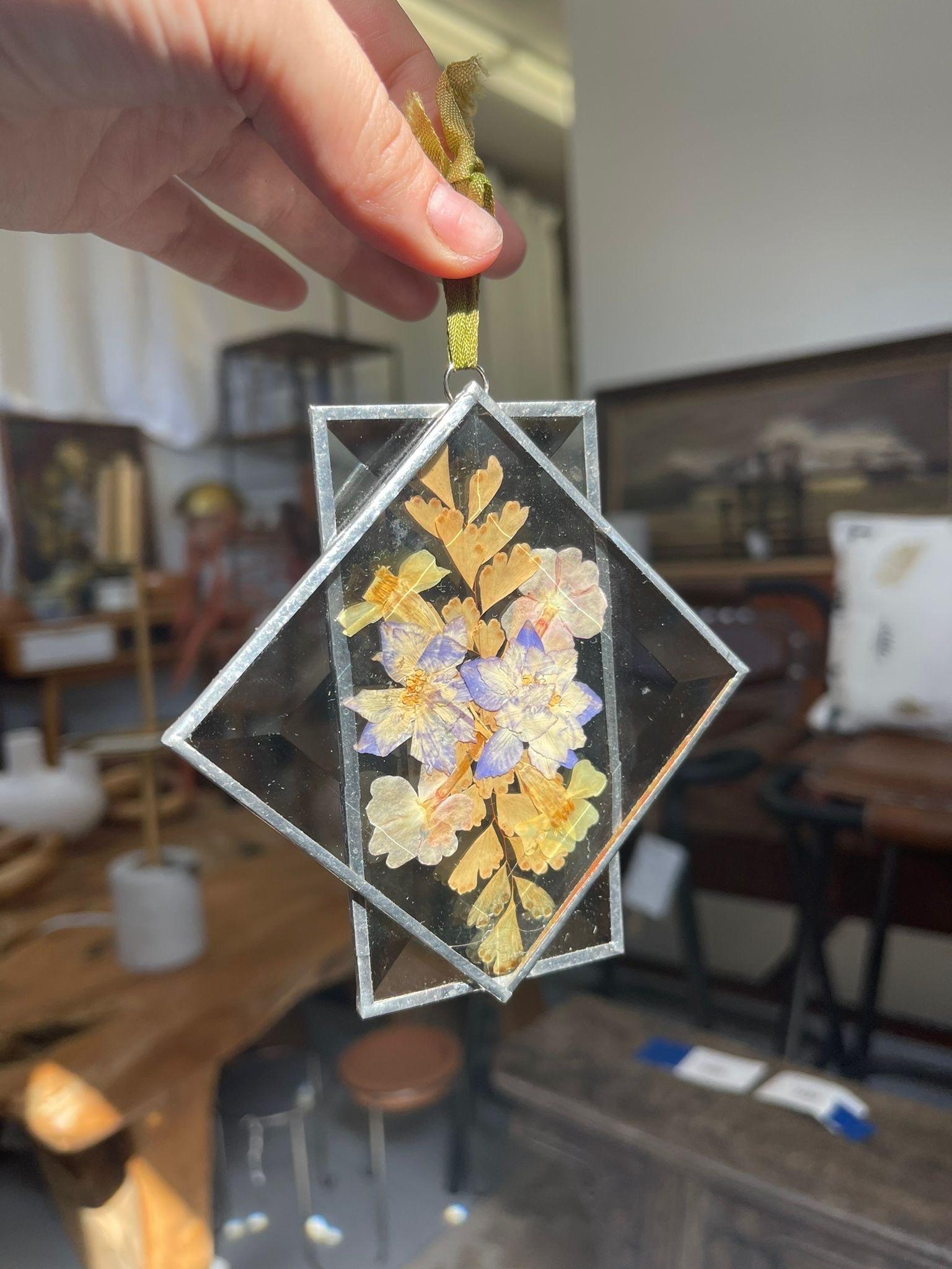 Late 20th Century Vintage Blue and Yellow Pressed Flowers in Glass Ornament Art Decor  For Sale