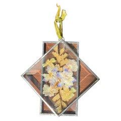 Vintage Blue and Yellow Pressed Flowers in Glass Ornament Art Decor