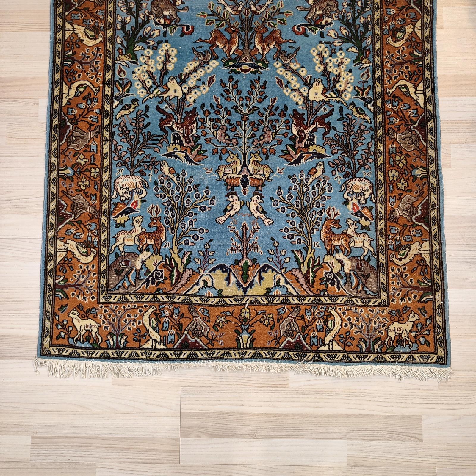 Mid-20th Century Vintage Blue Figural Décor Hand-Knotted Oriental Rug - FREE SHIPPING For Sale