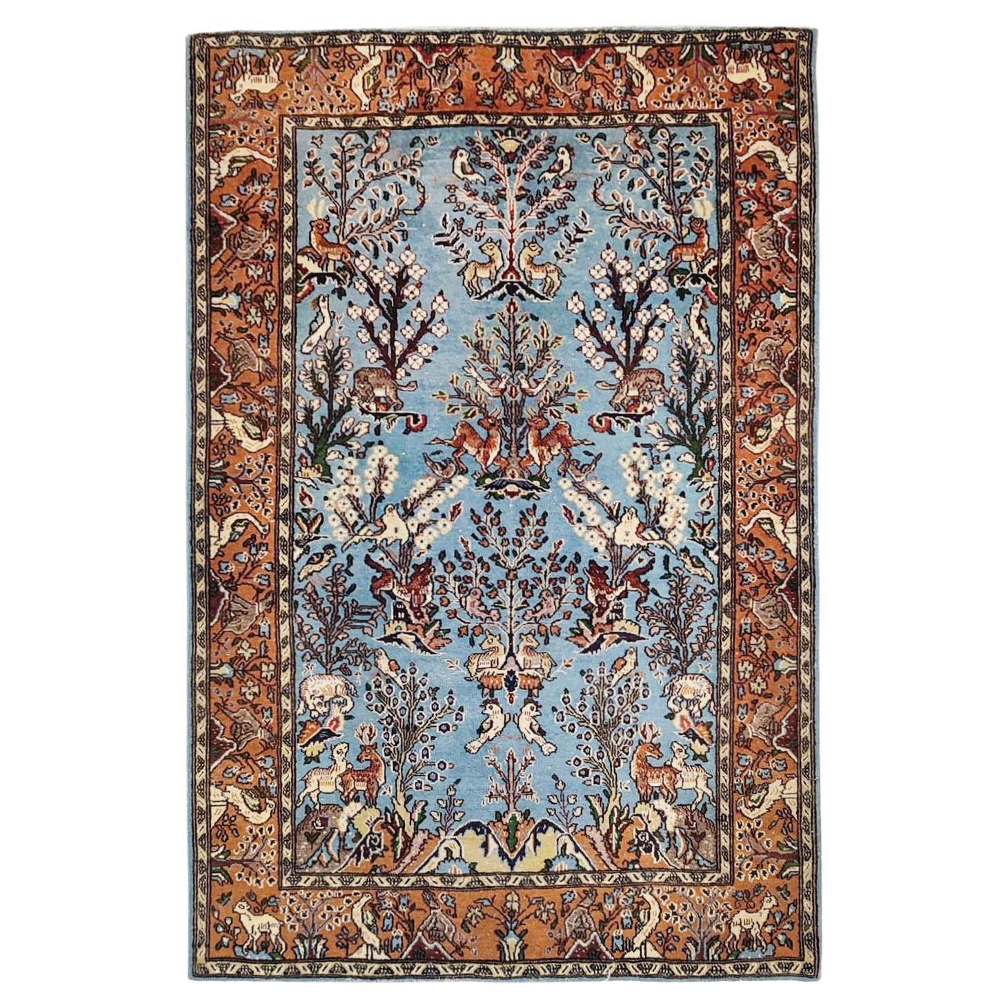 Vintage Blue Figural Décor Hand-Knotted Oriental Rug - FREE SHIPPING For Sale