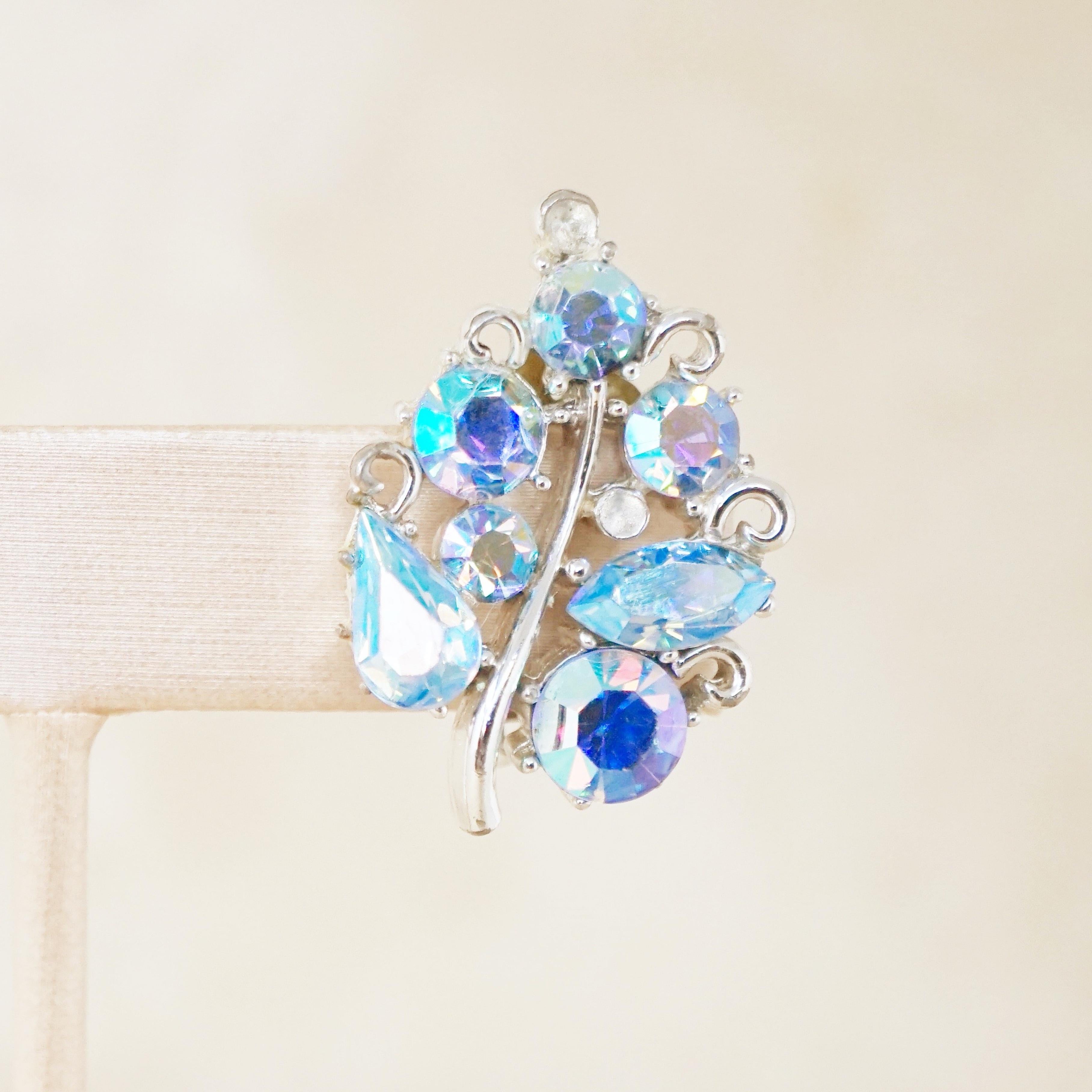 Modern Vintage Blue Aurora Borealis Crystal Leaf Earrings by Lisner, 1950s For Sale