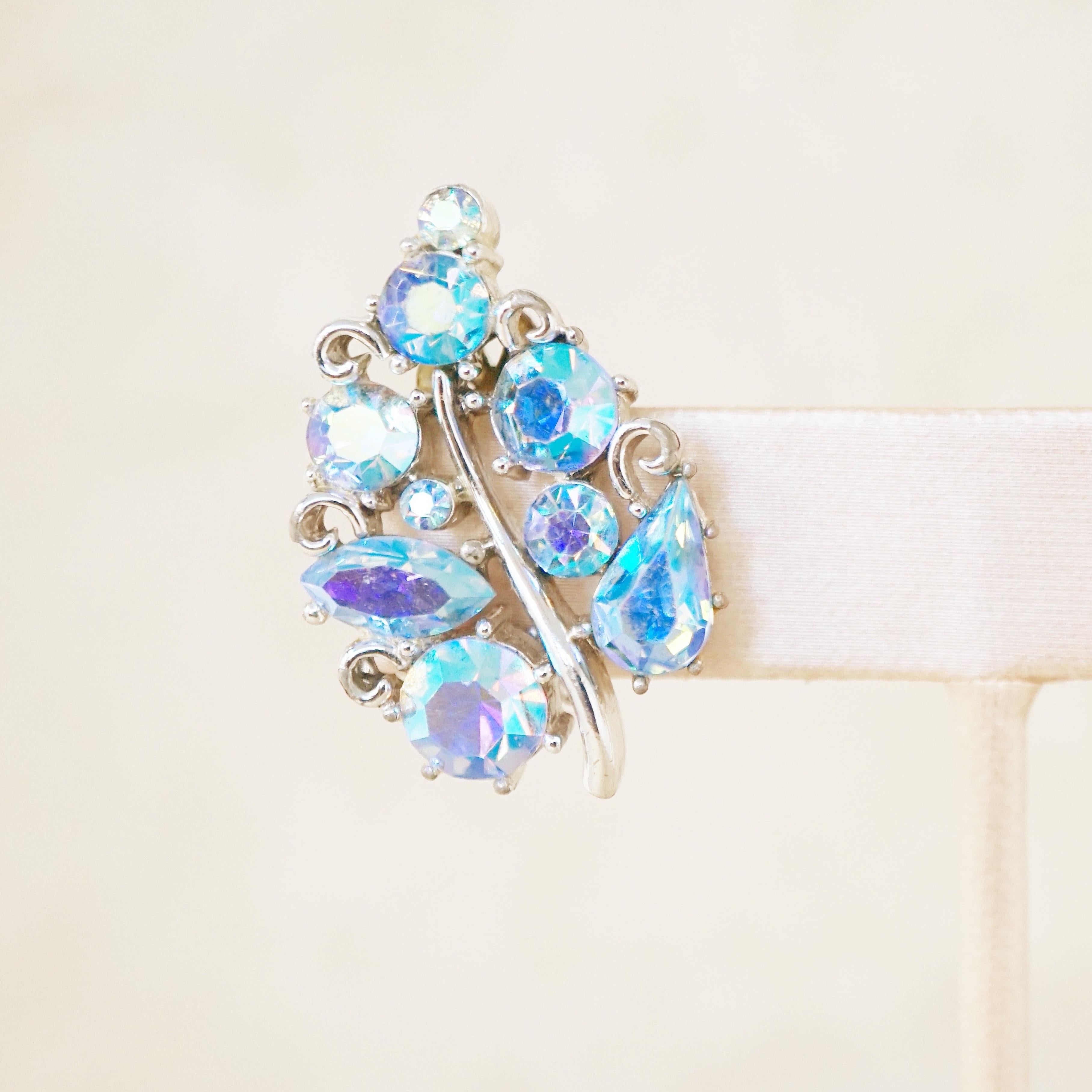 Women's Vintage Blue Aurora Borealis Crystal Leaf Earrings by Lisner, 1950s For Sale