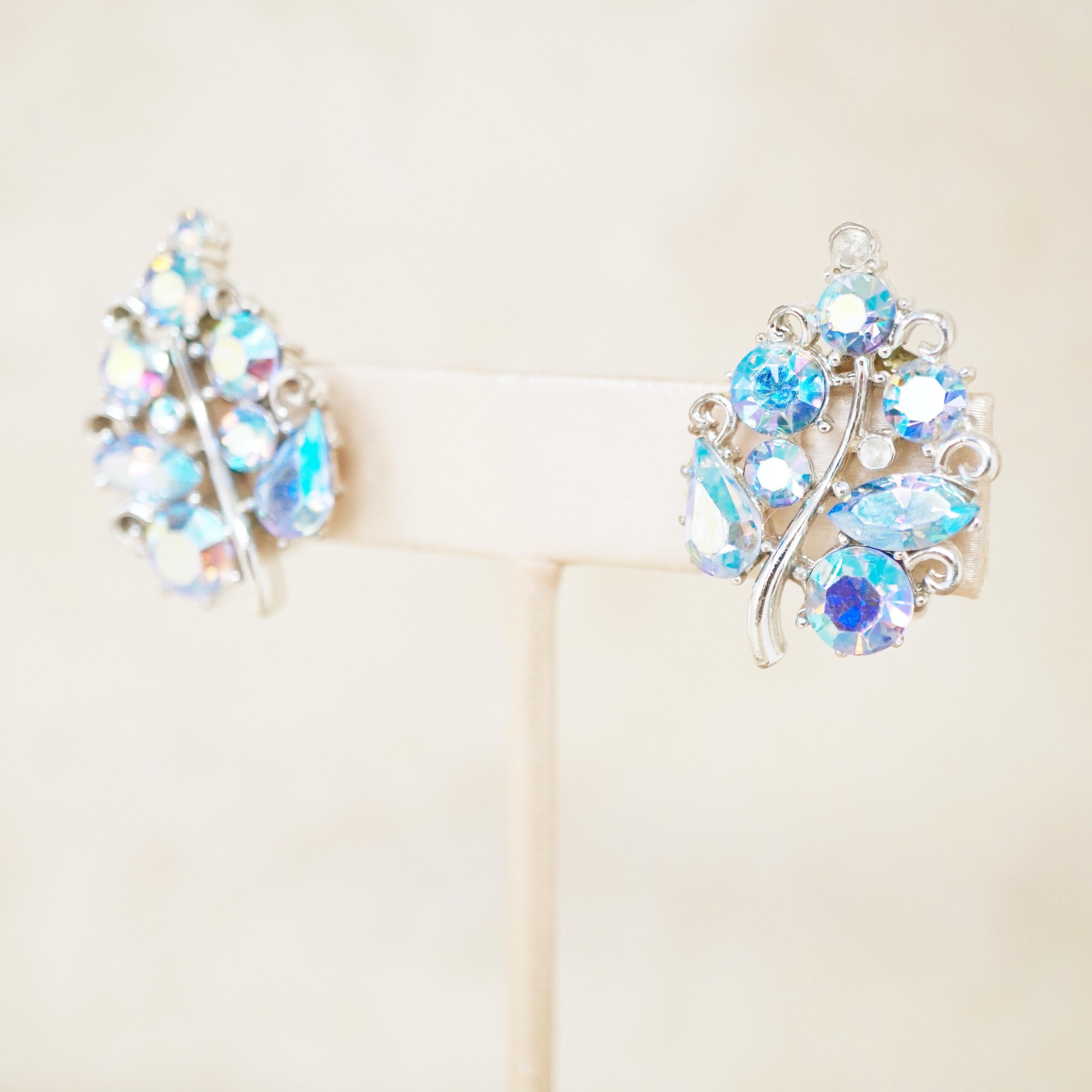Vintage Blue Aurora Borealis Crystal Leaf Earrings by Lisner, 1950s For Sale 1