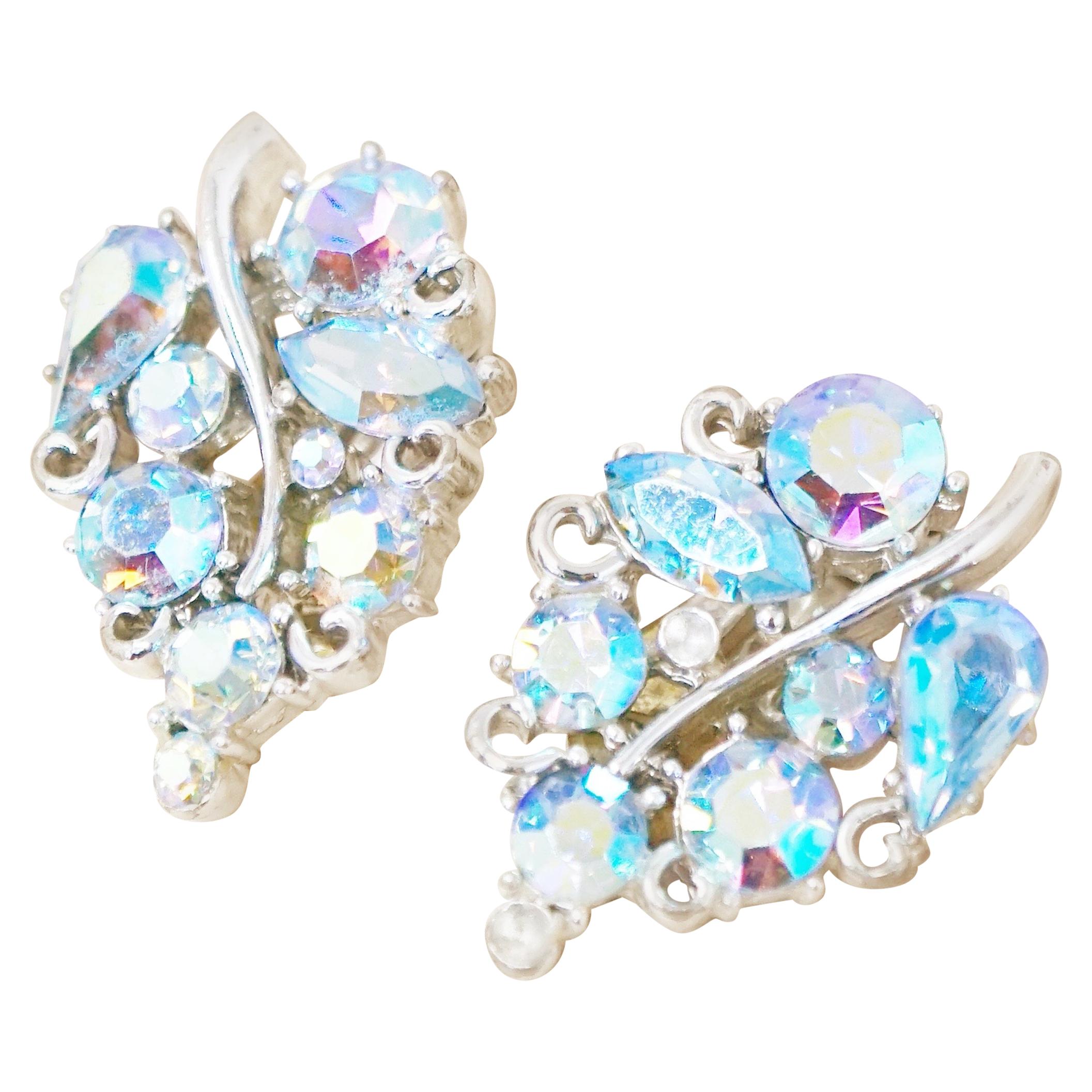 Vintage Blue Aurora Borealis Crystal Leaf Earrings by Lisner, 1950s