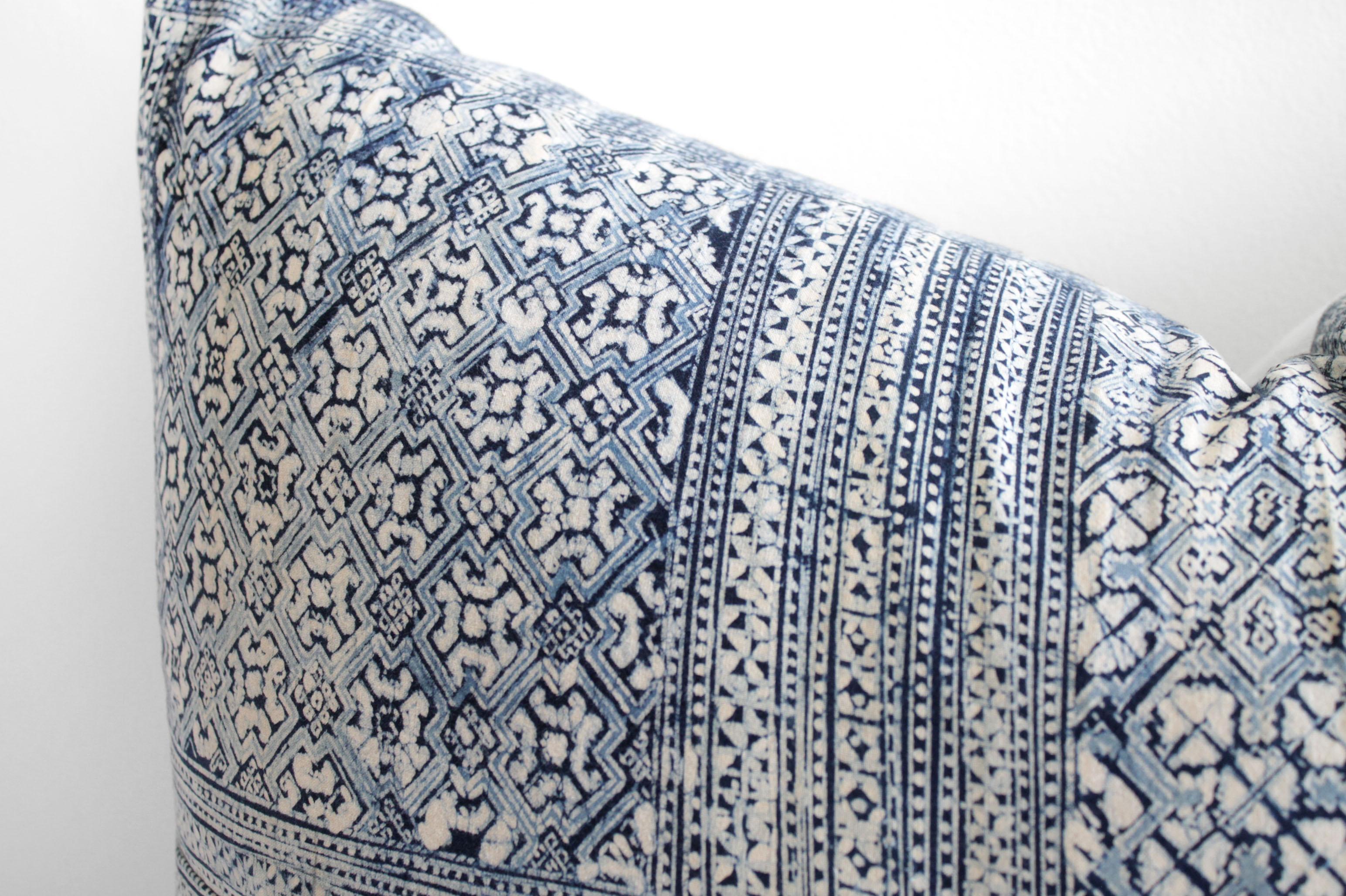 Vintage Blue Batik Standard Queen Size Pillow In Good Condition In Brea, CA