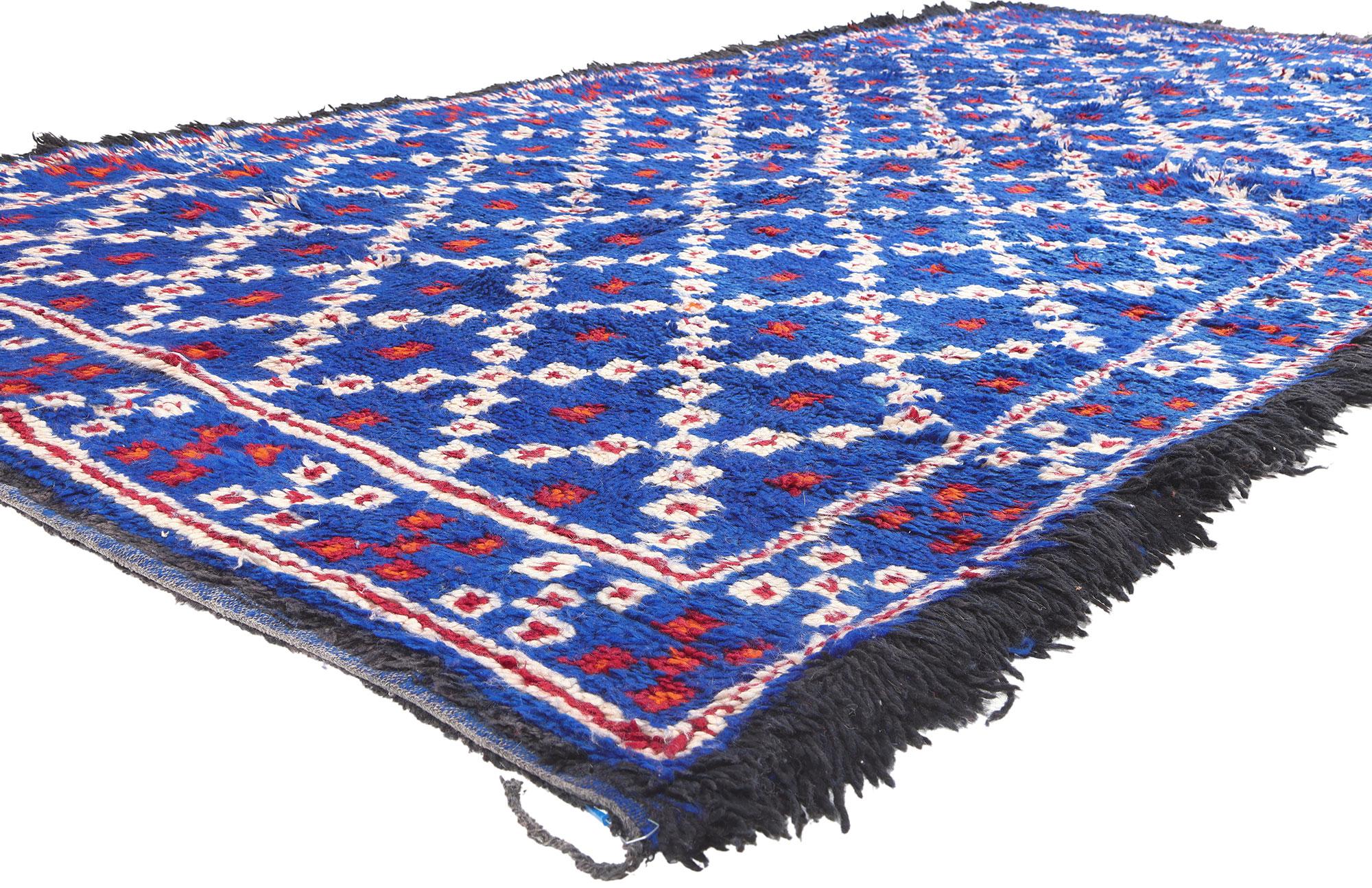 20968, vintage Indigo Beni M'Guild rug, Berber blue Moroccan carpet. Featuring a luminous sapphire glow and luxury underfoot, this hand knotted wool vintage indigo blue Moroccan Beni M'Guild rug astounds with its beauty. It features a bold geometric