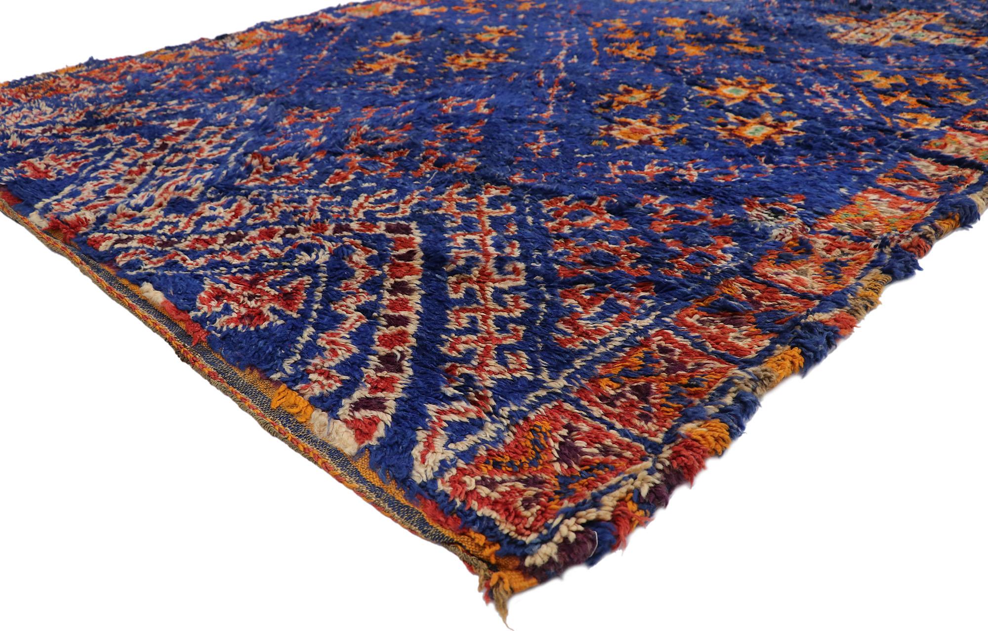 21501 Vintage blue Beni M'Guild Moroccan rug with Tribal Style. Measures: 06'03 x 09'05. Showcasing a bold expressive design, incredible detail and texture, this hand knotted wool vintage Berber blue Beni M'Guild Moroccan rug is a captivating vision