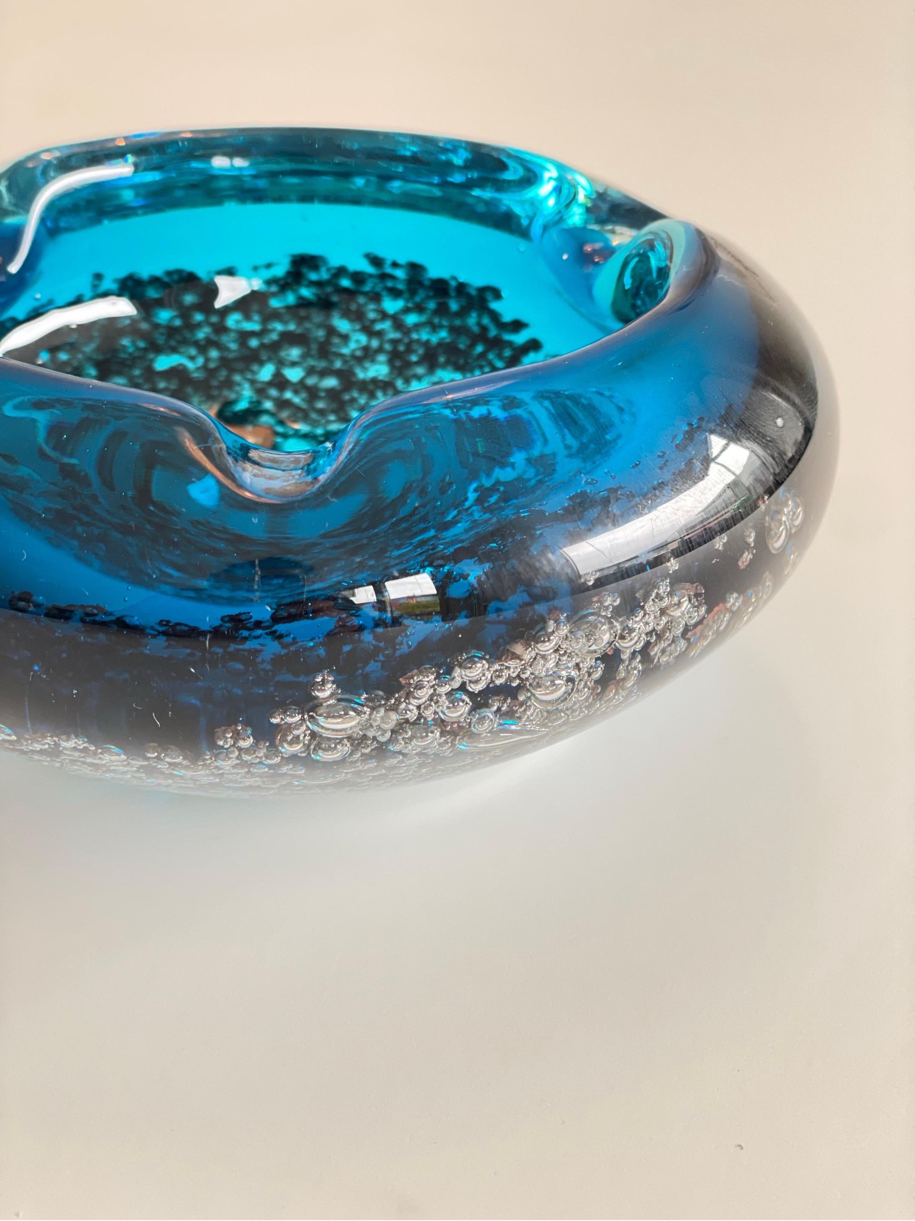 Vintage Blue Bobbel Artglass Bowl Ashtray, Italy 1970s For Sale 1