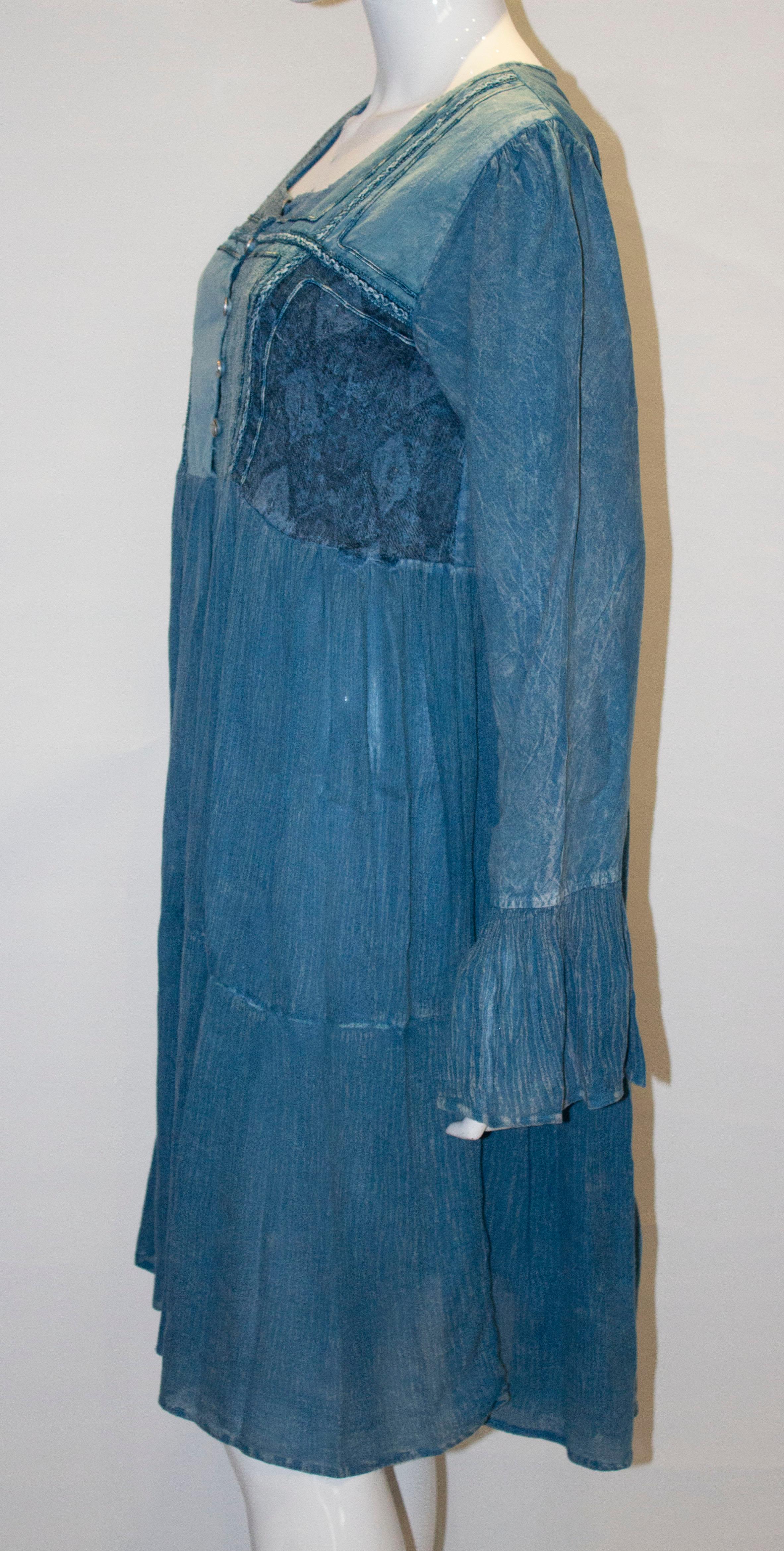 Vintage Blue Boho Top / Mini Dress For Sale 2