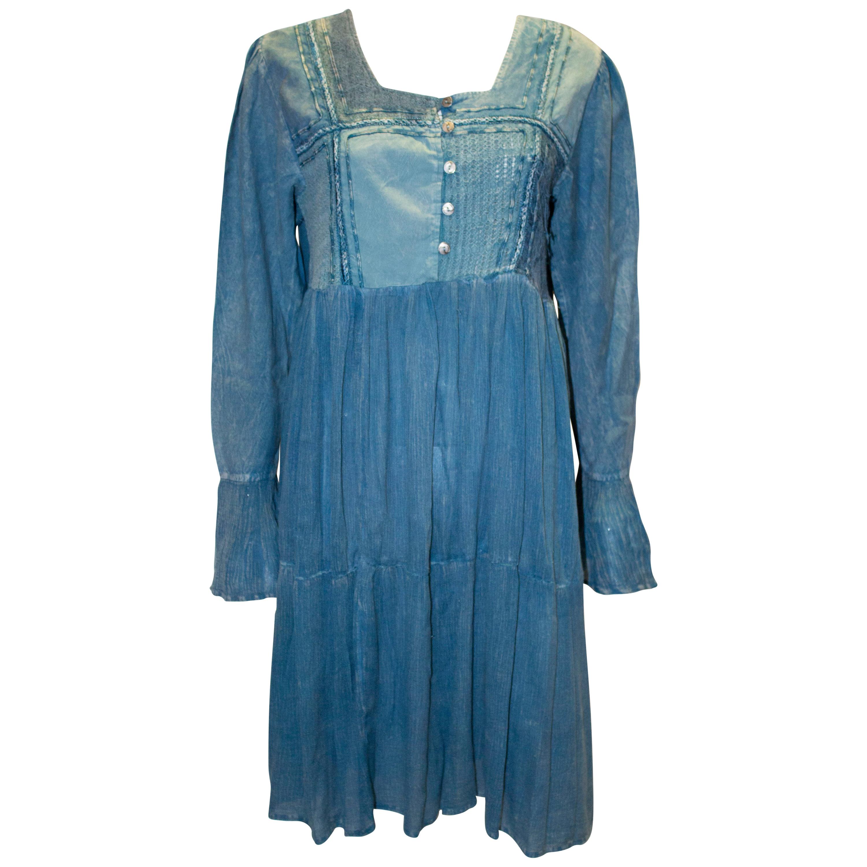 Vintage Blue Boho Top / Mini Dress For Sale