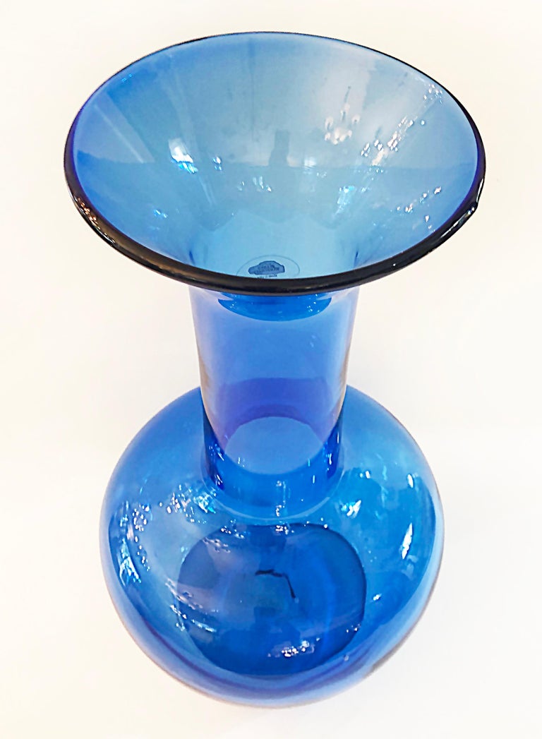 Vintage Blue Bulbous Blenko Blown Glass Vase with Sticker For Sale at