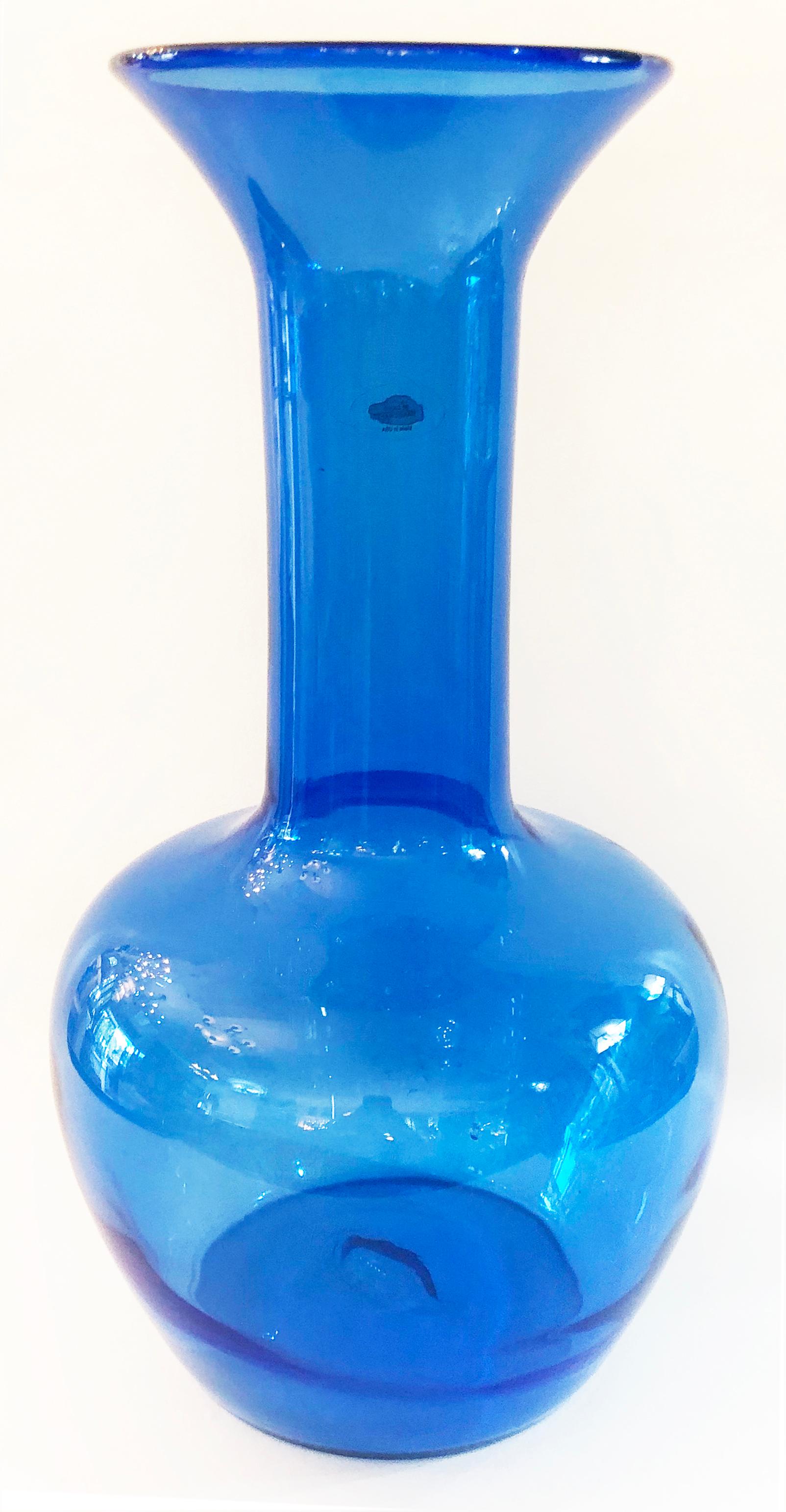 American Vintage Blue Bulbous Blenko Blown Glass Vase with Sticker