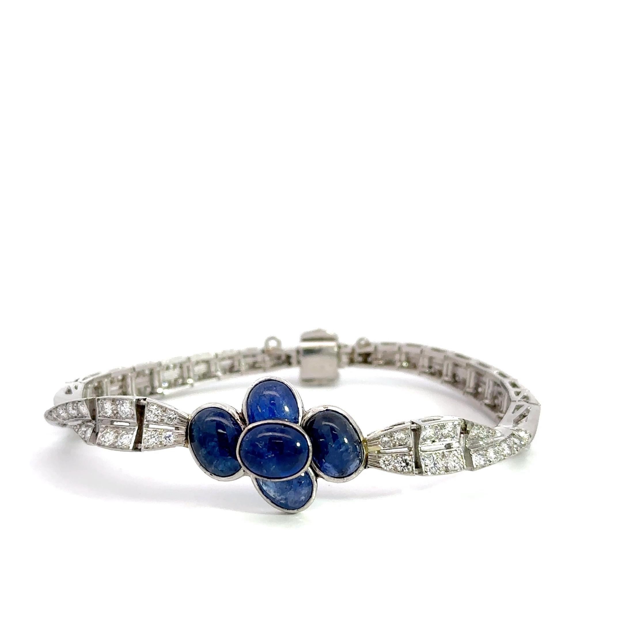 Vintage Blue Cabochon Sapphire and Diamond Bracelet For Sale 6