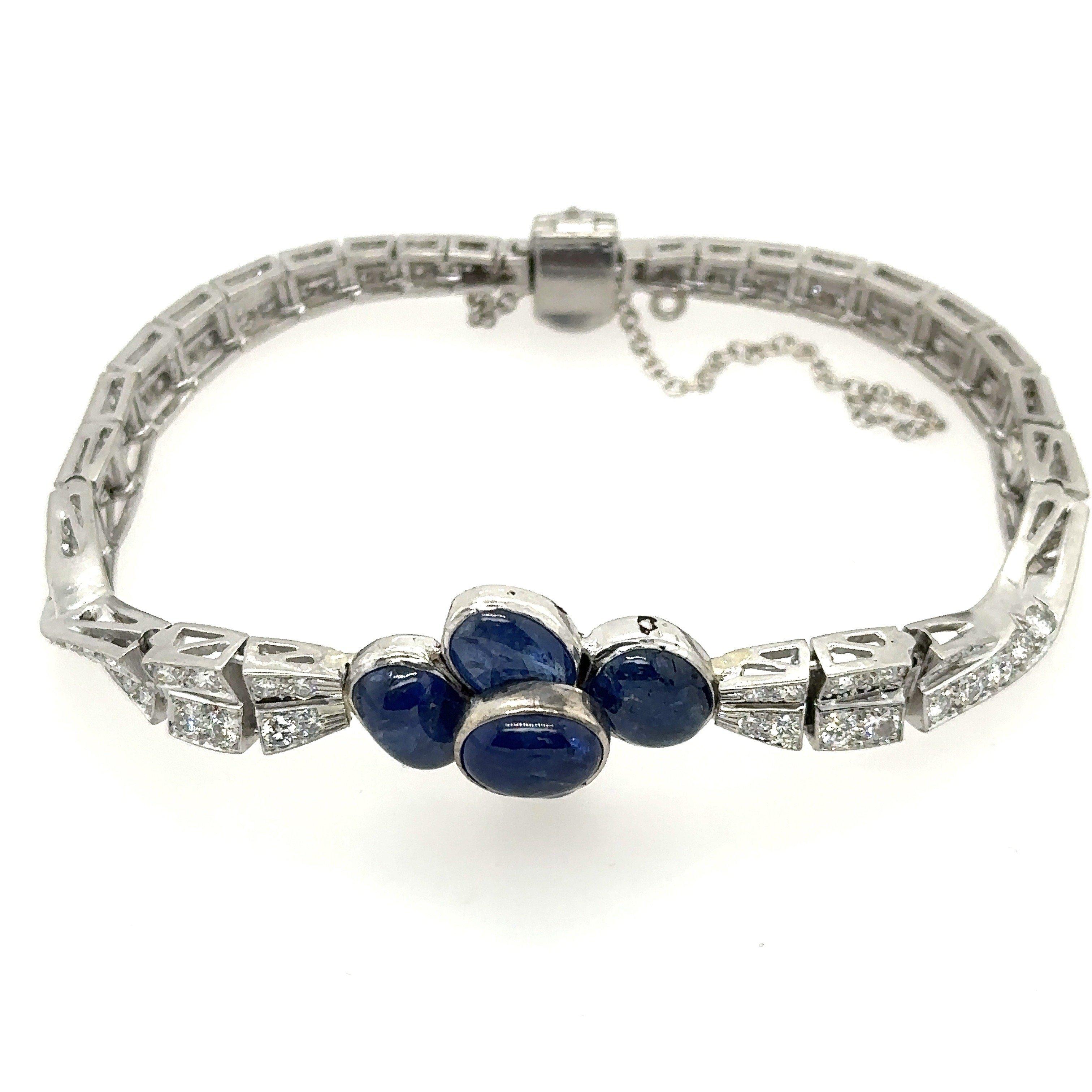 Vintage Blue Cabochon Sapphire and Diamond Bracelet For Sale 1