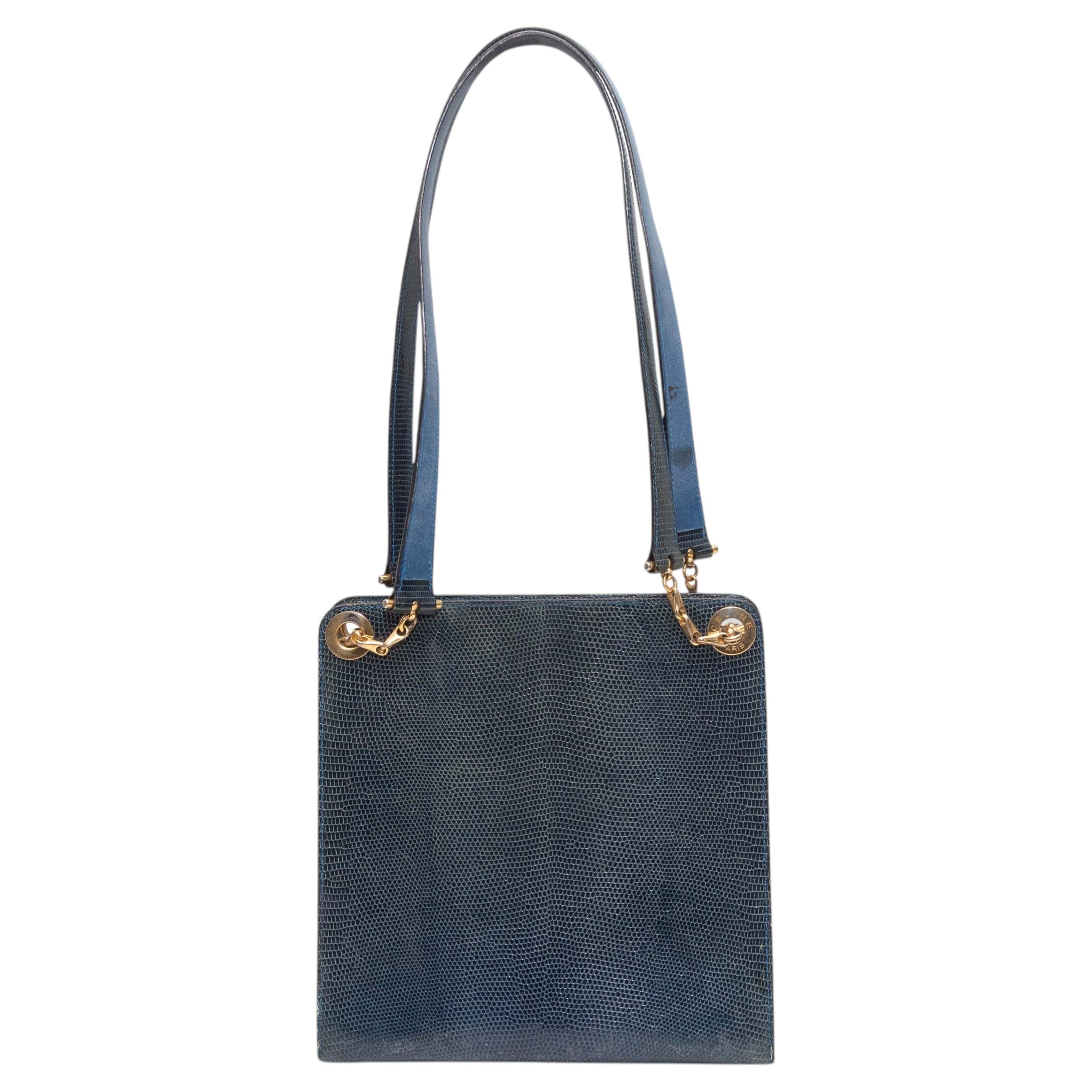 Vintage Blue Celine Lizard Skin Handbag For Sale