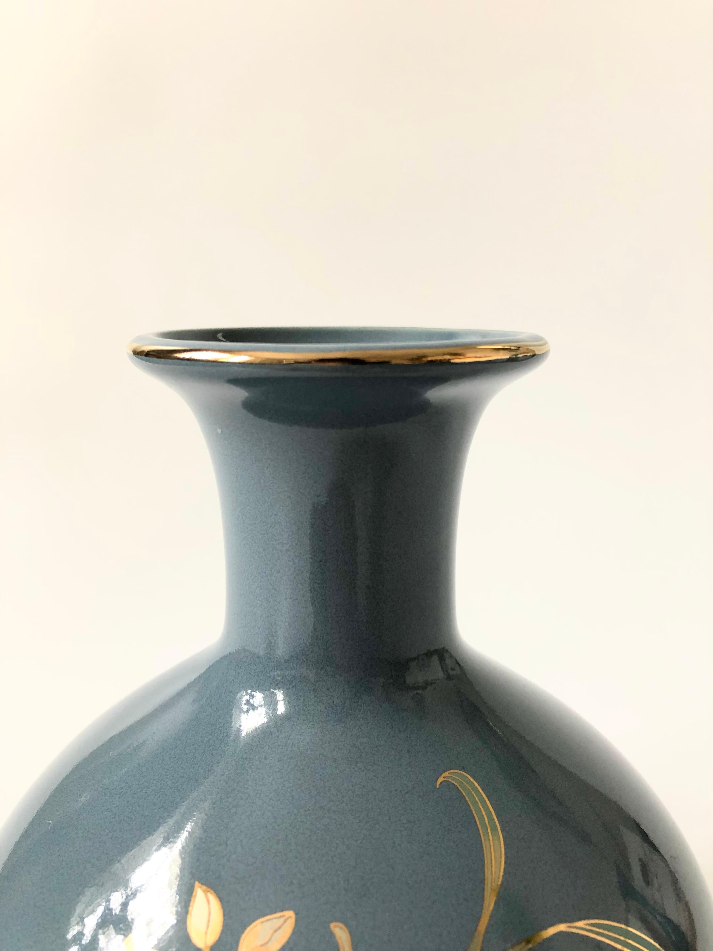 Vintage Blue Ceramic Botanic Vase In Good Condition In Vallejo, CA