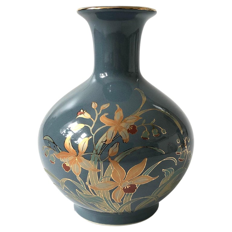 Vintage Blue Ceramic Botanic Vase at 1stDibs