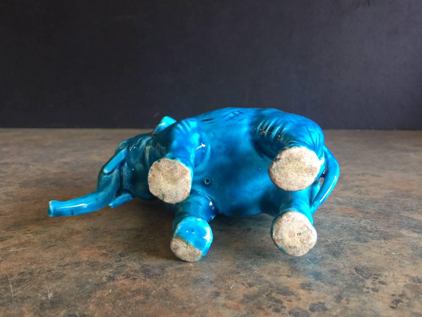 Glazed Vintage Blue Ceramic Elephant by Sevres of France