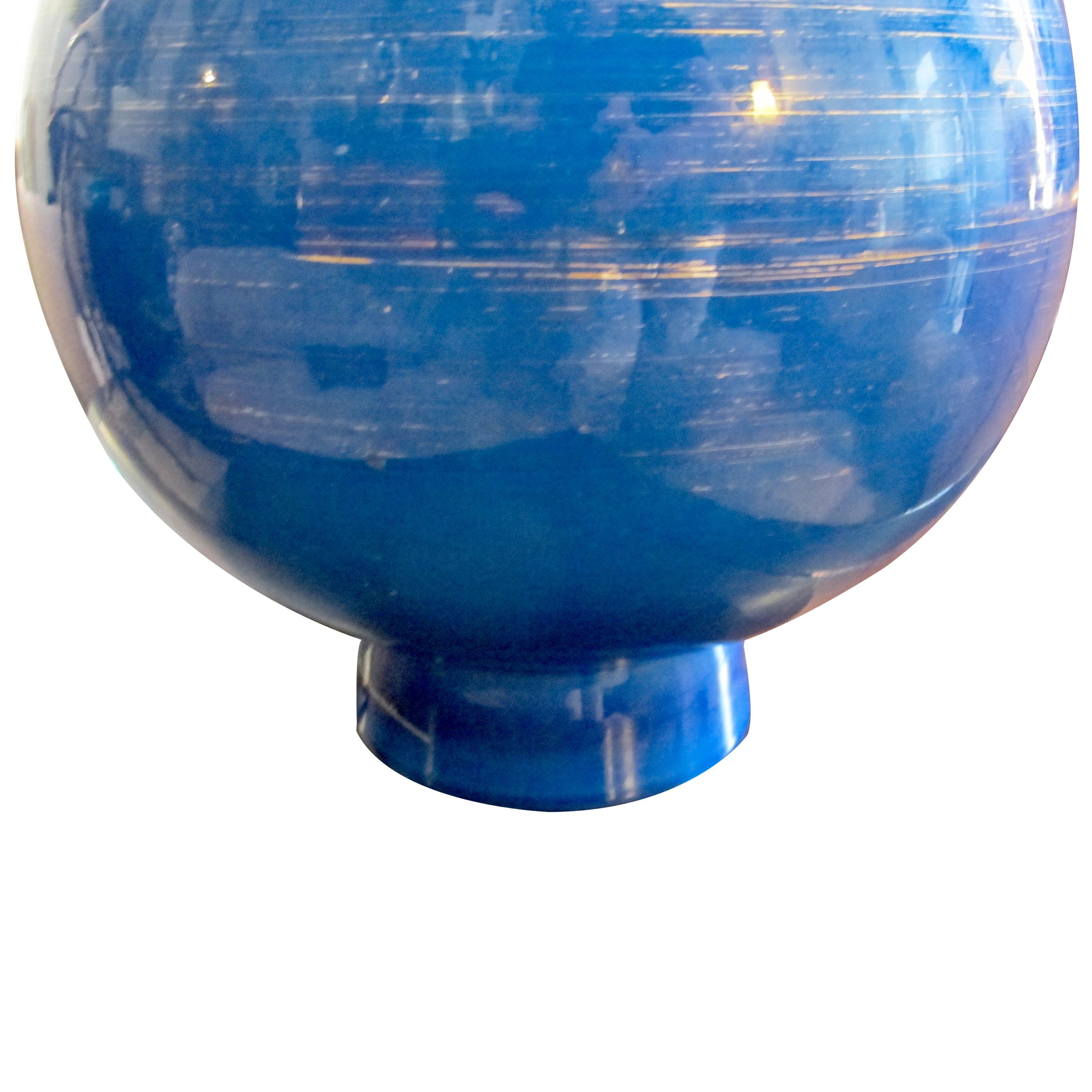 Glazed Vintage Blue Ceramic Lamp – Signed L. Drummer, French 1970s For Sale