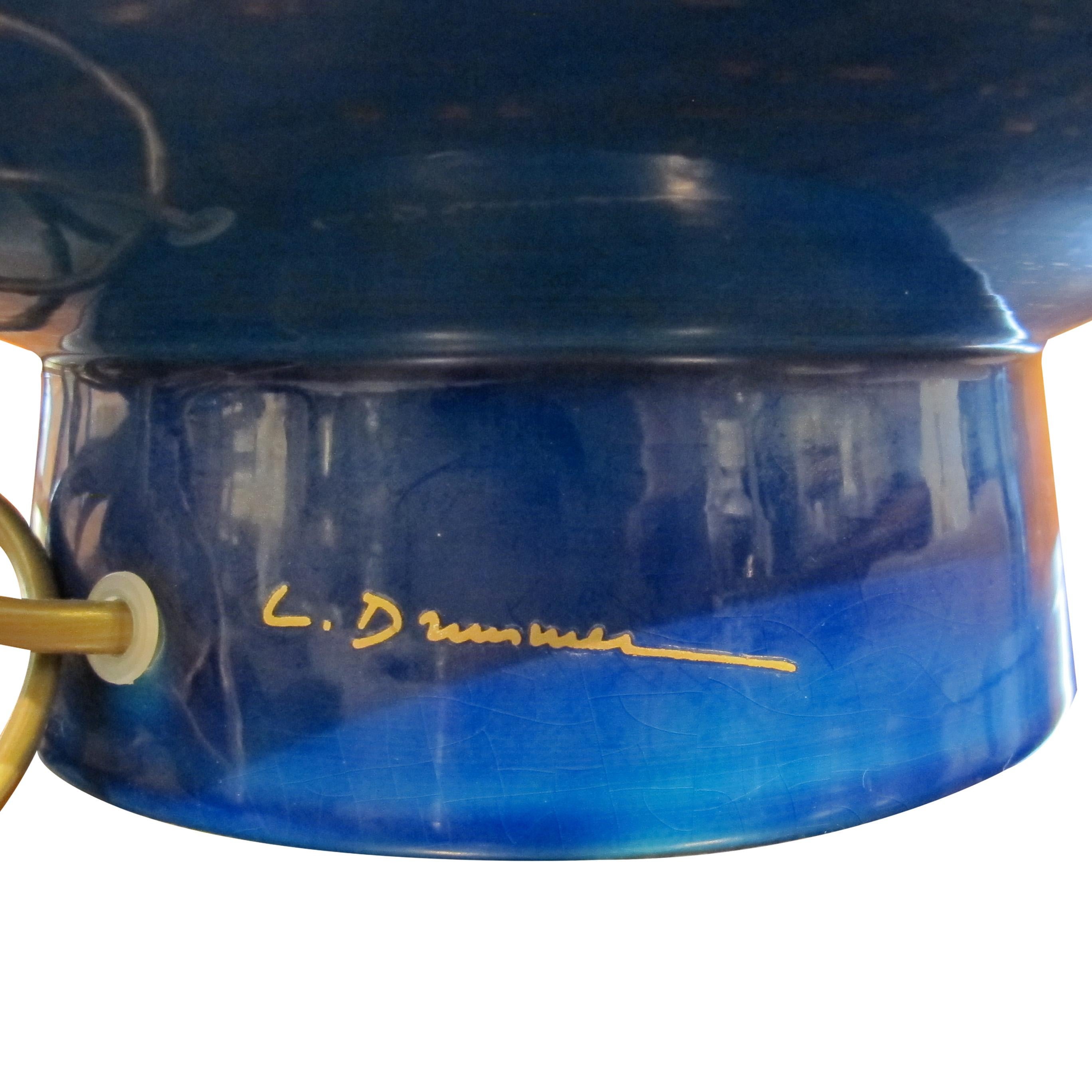 Vintage Blue Ceramic Lamp – Signed L. Drummer, French 1970s In Good Condition For Sale In London, GB