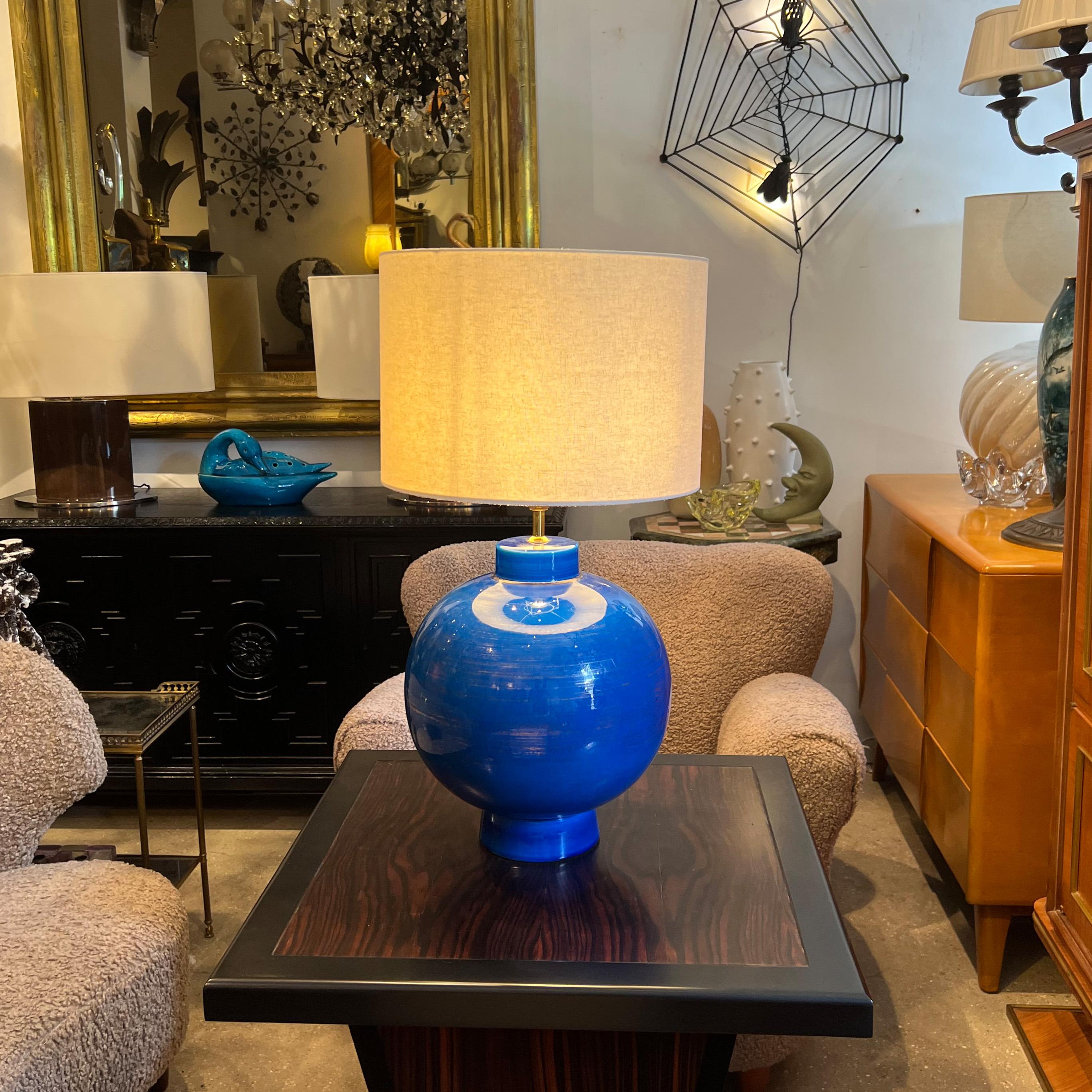 Late 20th Century Vintage Blue Ceramic Lamp – Signed L. Drummer, French 1970s For Sale