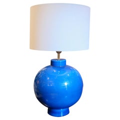 Vintage Blue Ceramic Lamp – Signed L. Drummer, French 1970s