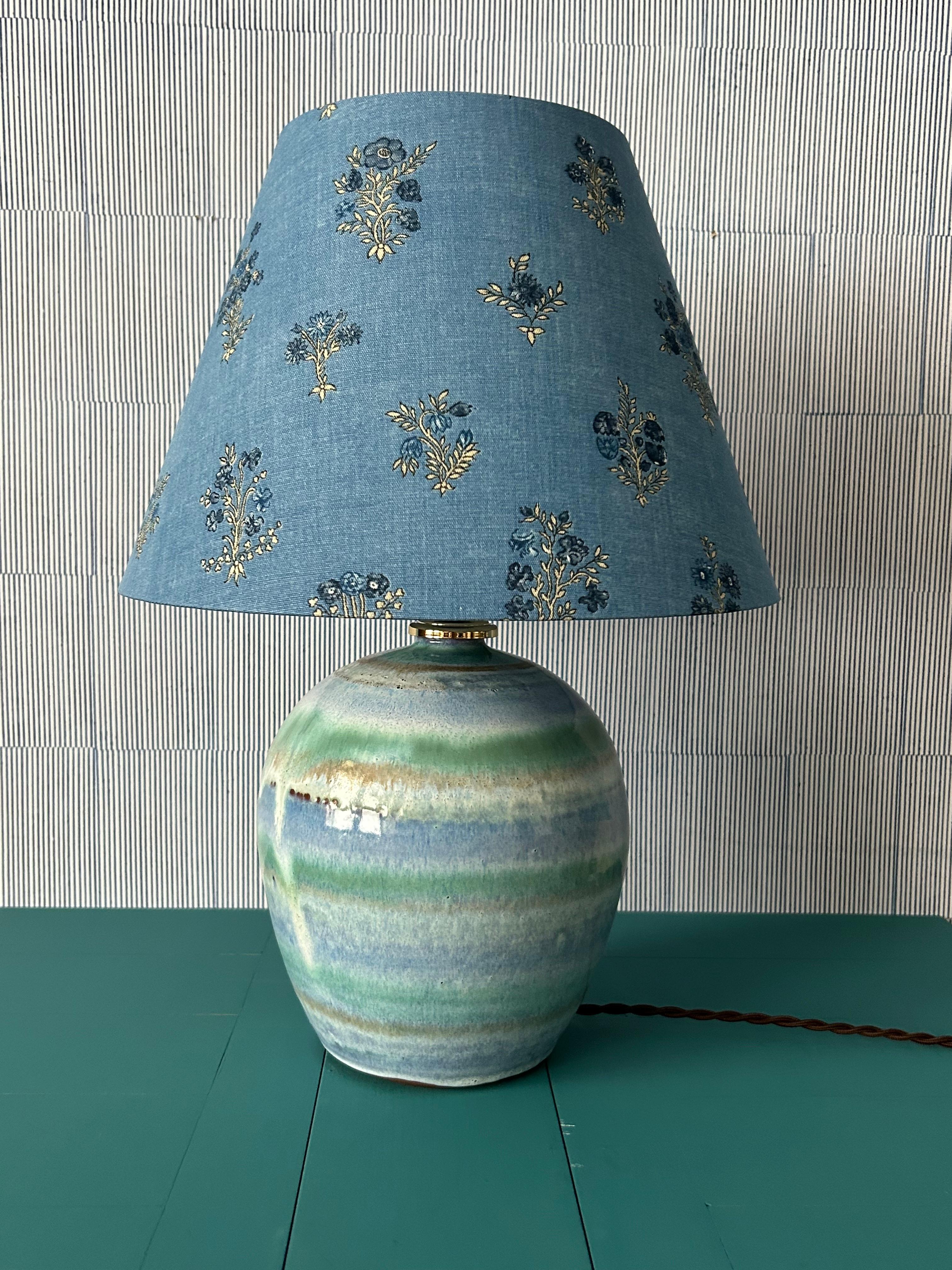 French Vintage Blue Ceramic Table Lamp with Customized Shade, France, 20th Century