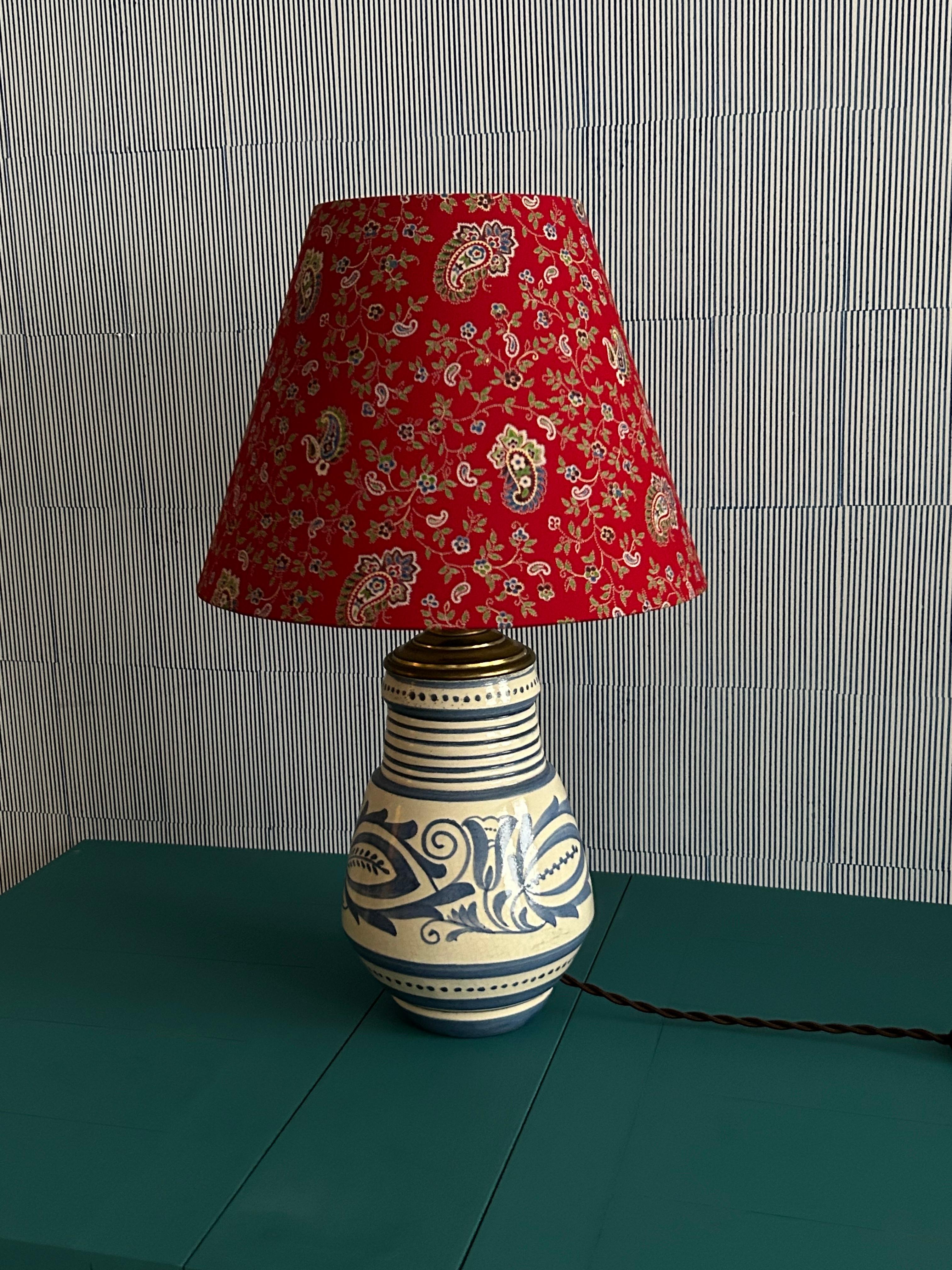 French Vintage Blue Ceramic Table Lamp with Red Customized Shade, France, 20th Century For Sale
