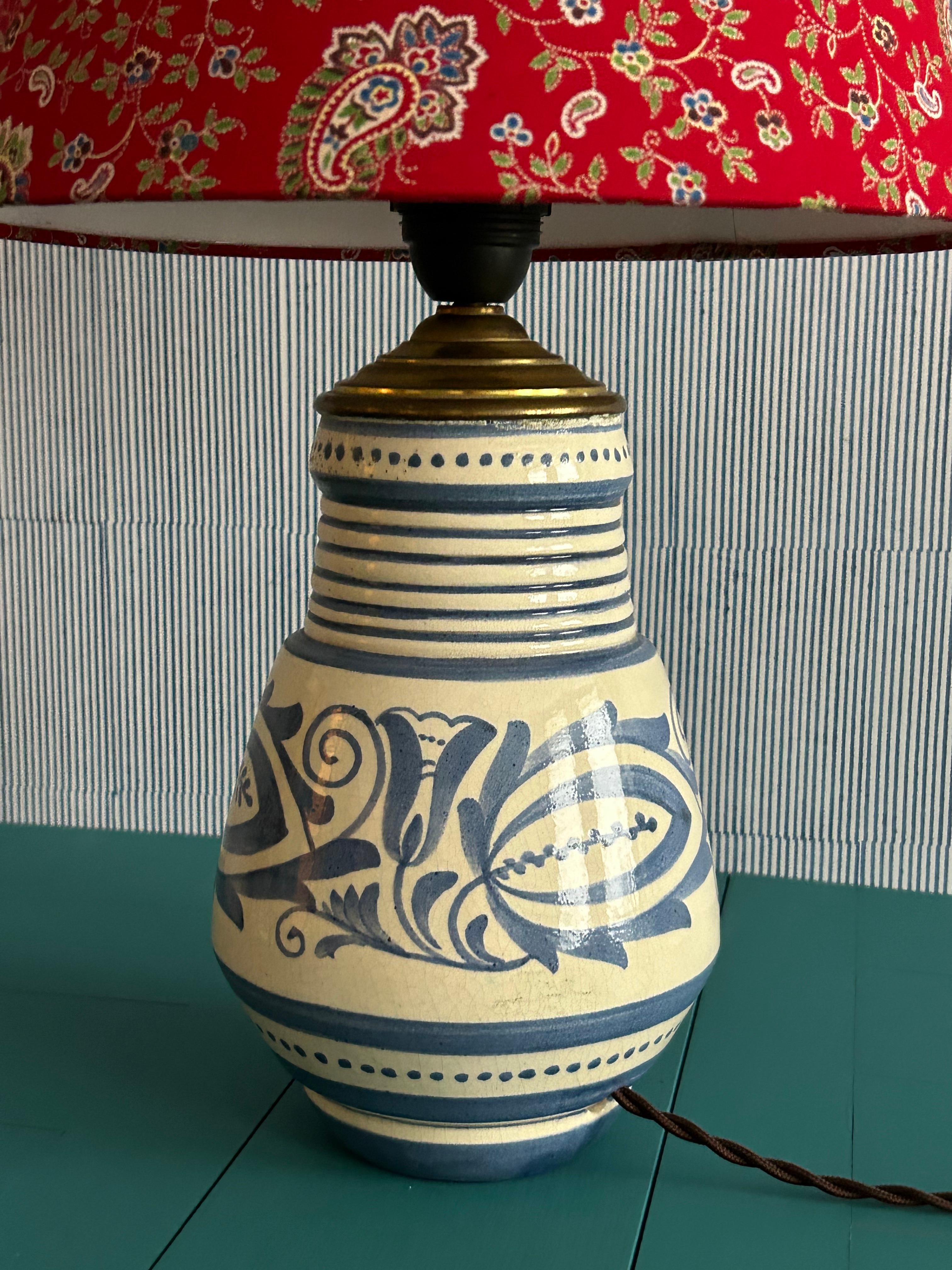 Vintage Blue Ceramic Table Lamp with Red Customized Shade, France, 20th Century For Sale 1