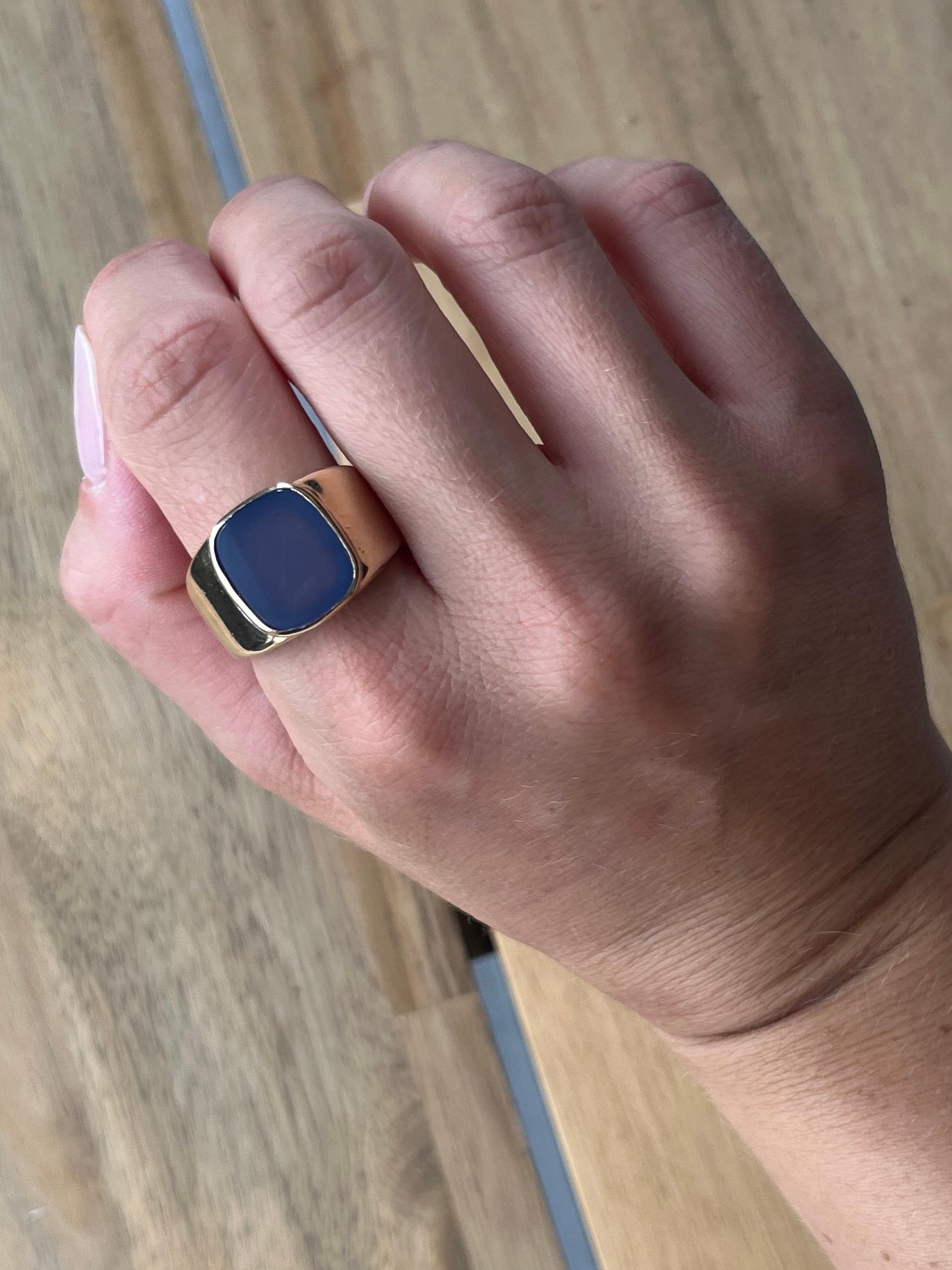 Cabochon Vintage Blue Chalcedony and 9 Carat Gold Signet Ring