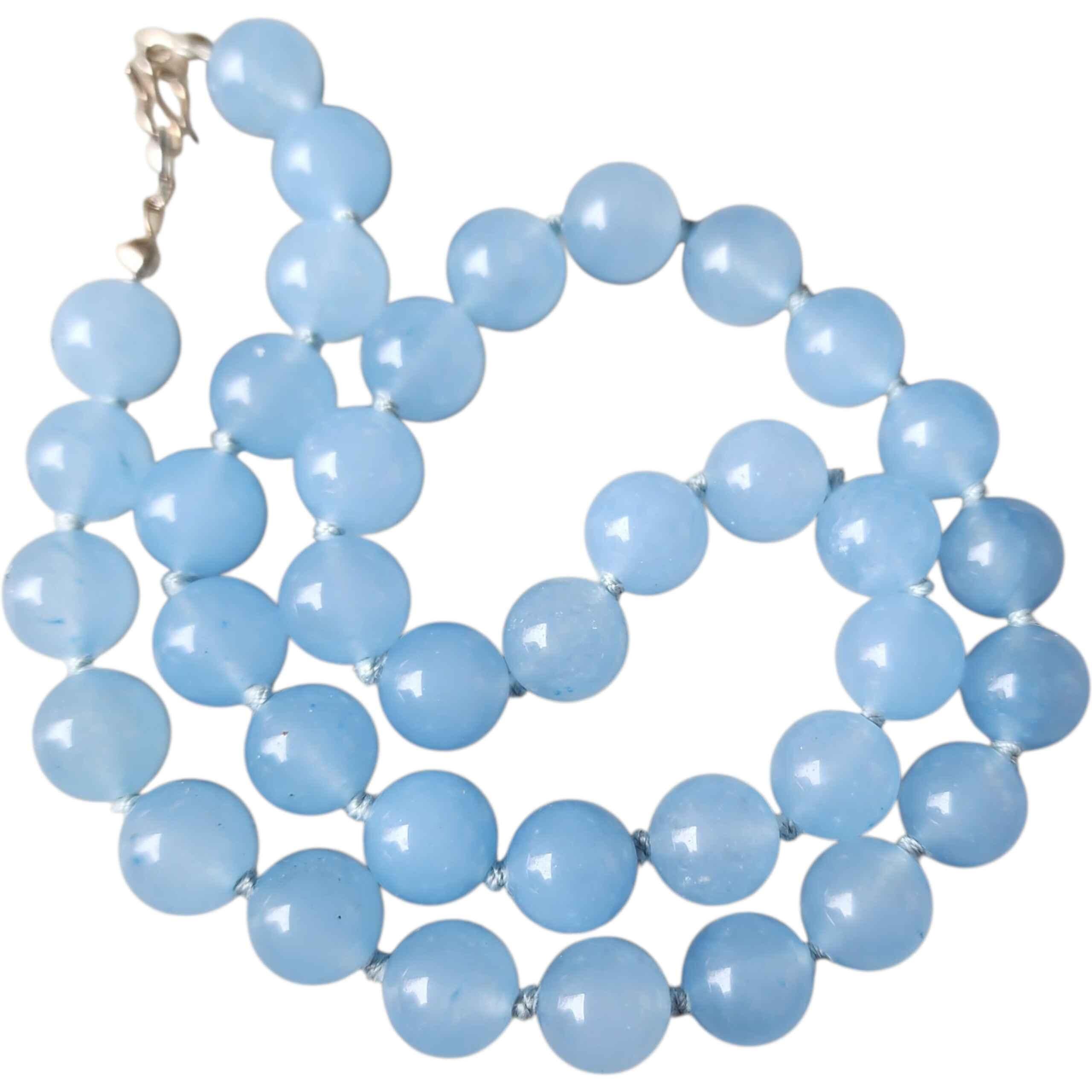 Artisan Collier de perles de calcédoine bleue vintage, nouées à la main, perles de 10 mm, argent sterling en vente