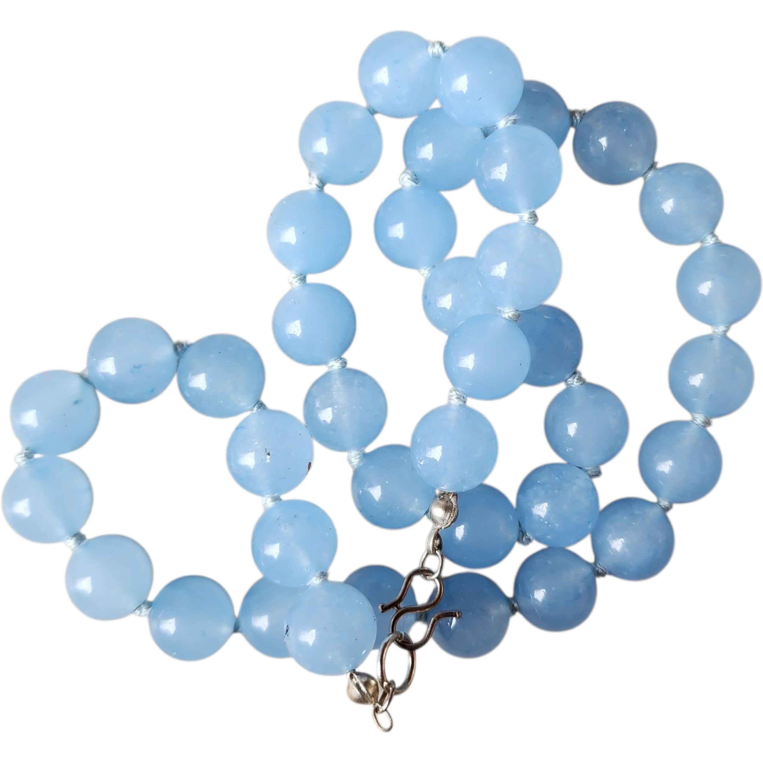 Perle Collier de perles de calcédoine bleue vintage, nouées à la main, perles de 10 mm, argent sterling en vente