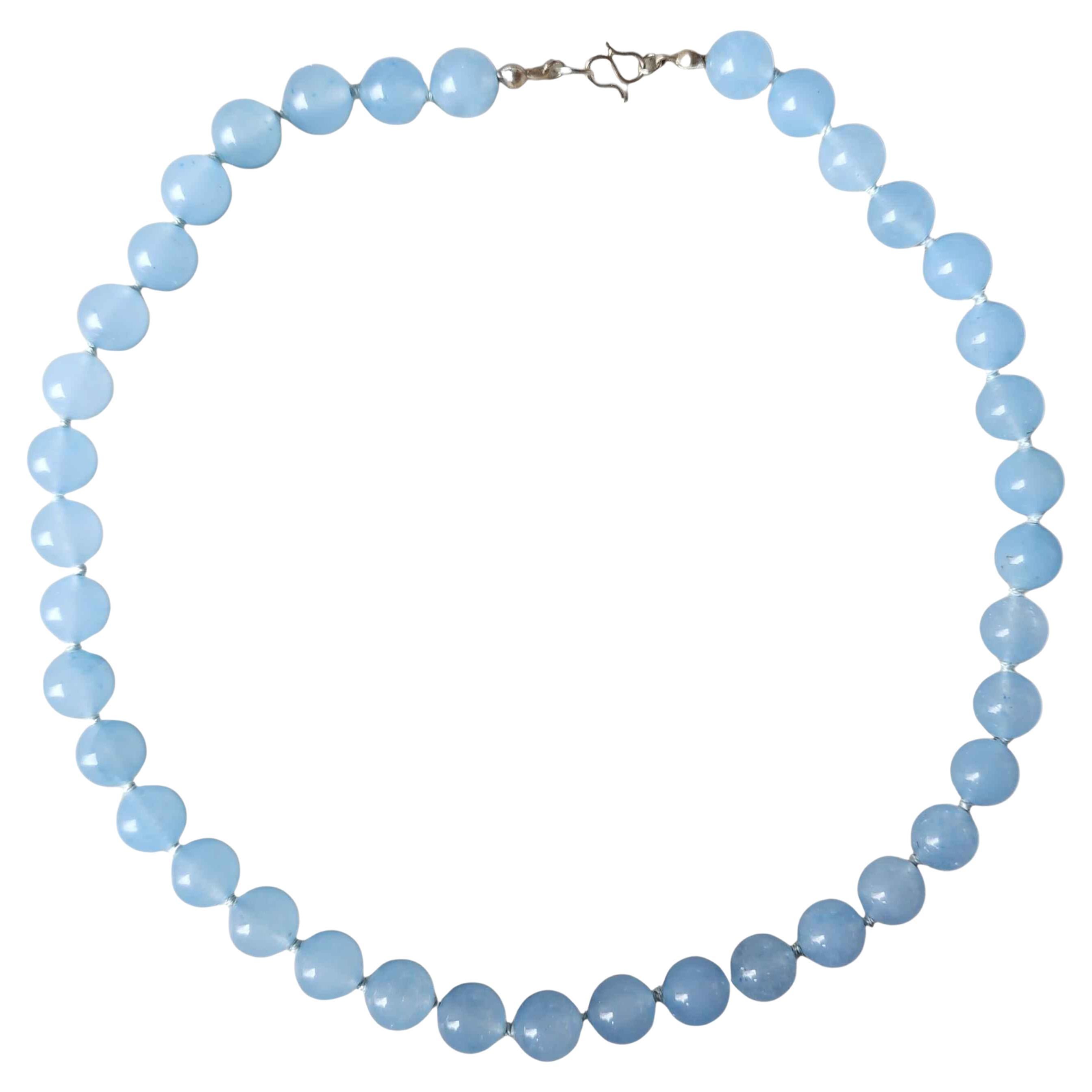 Collier de perles de calcédoine bleue vintage, nouées à la main, perles de 10 mm, argent sterling