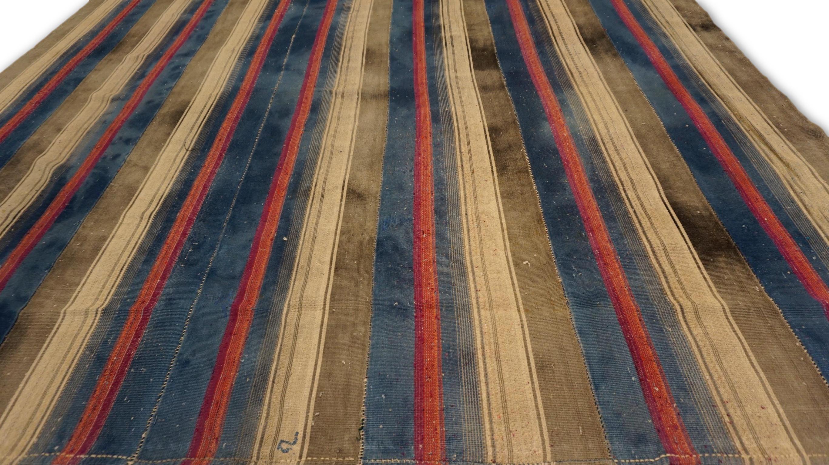 Modern Vintage Blue Charcoal Beige Vertical Stripped Wool Kilim 9'x9'8'' For Sale