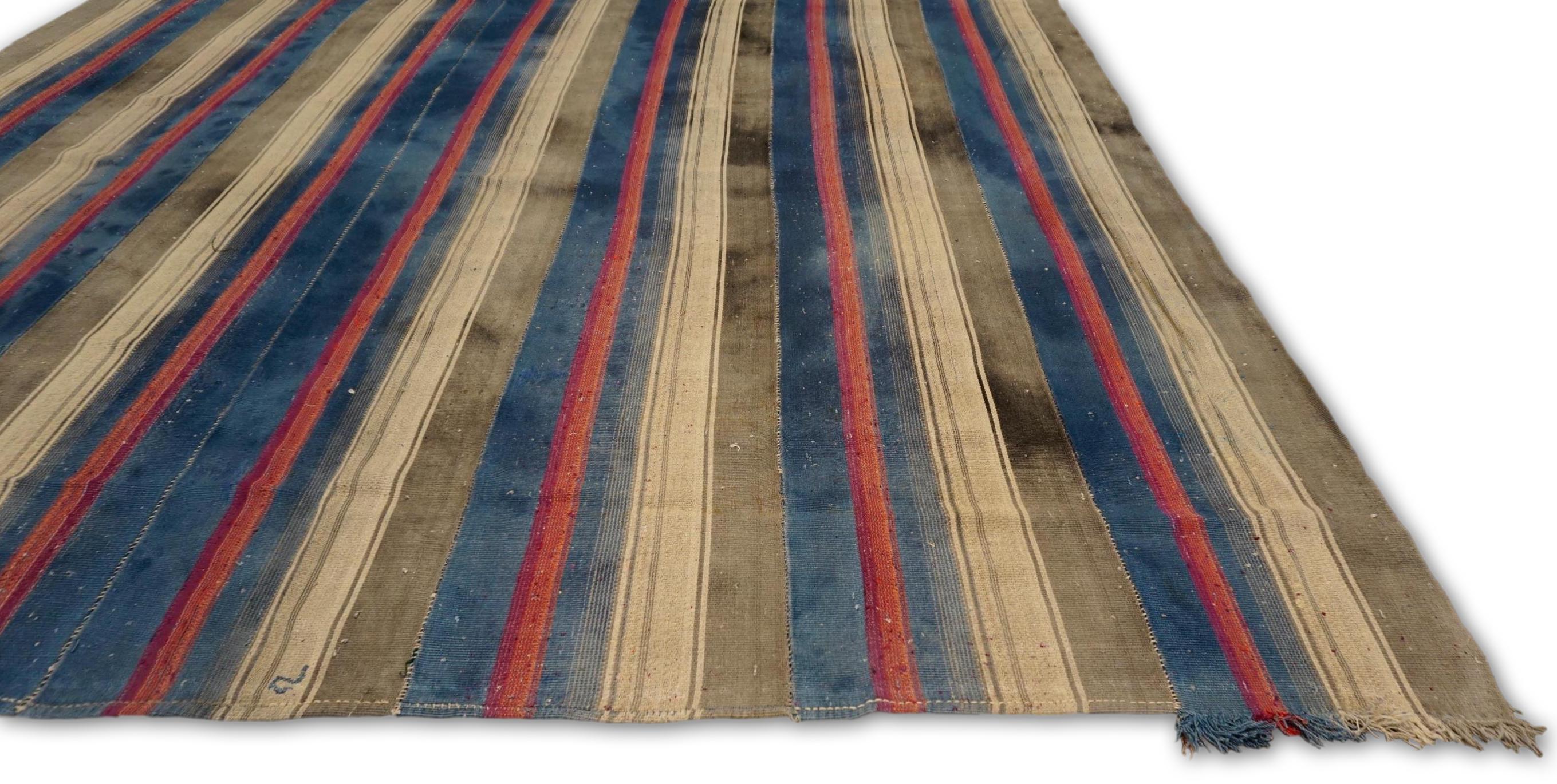 Turkish Vintage Blue Charcoal Beige Vertical Stripped Wool Kilim 9'x9'8'' For Sale