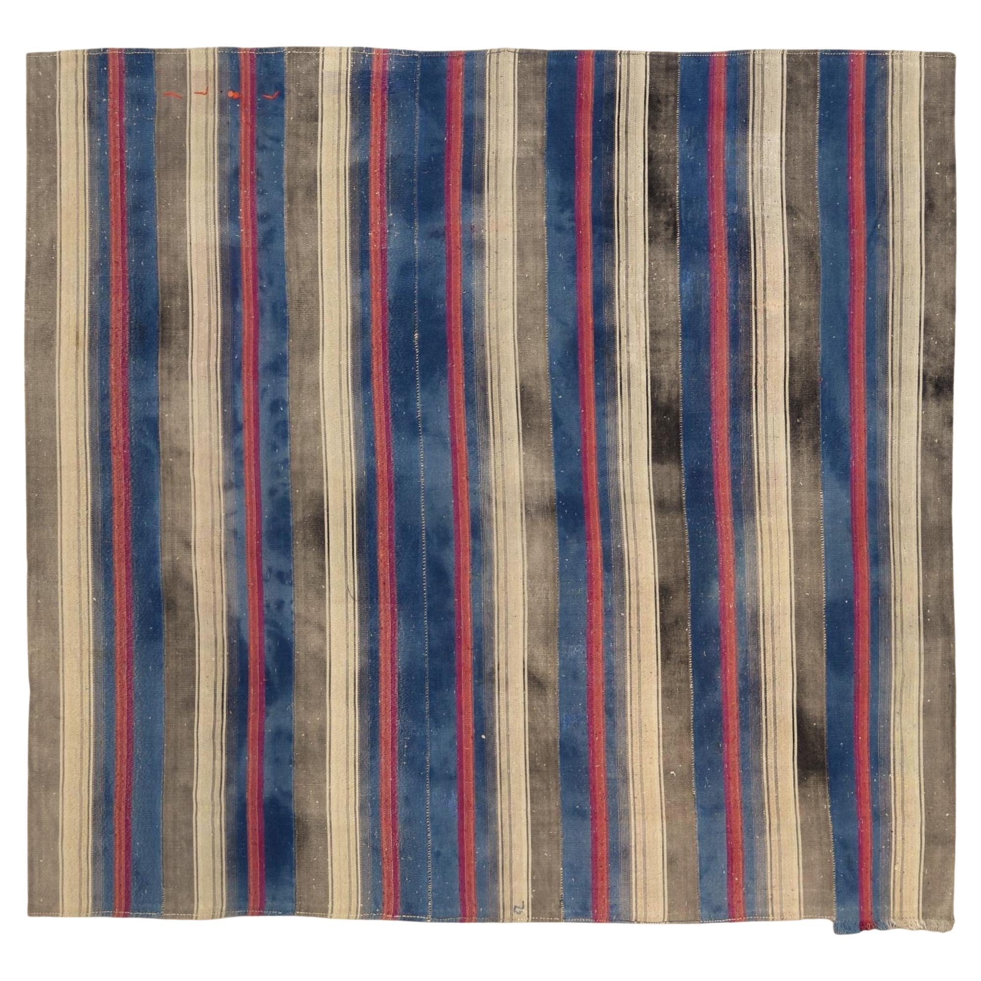 Vintage Blue Charcoal Beige Vertical Stripped Wool Kilim 9'x9'8'' For Sale