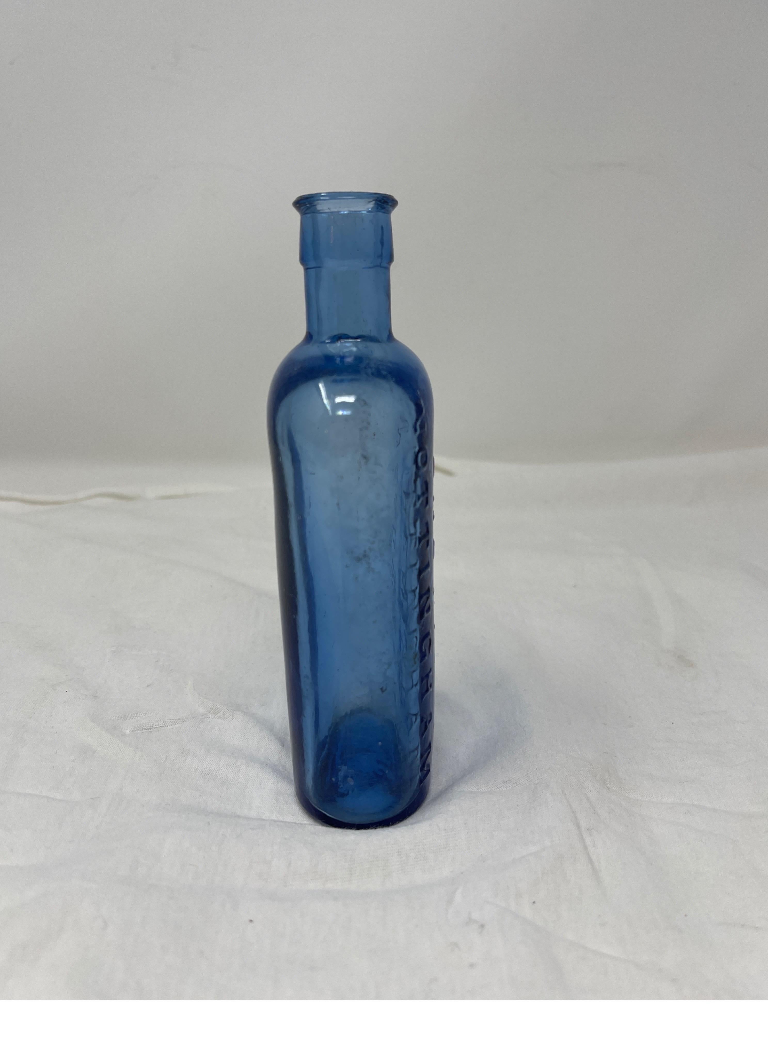 This is a semi rare cobalt blue antique chemist bottle. It has a hand tooled top and its strongly embossed Woodward Chemist Nottingham. 
A vintage gem!
6
