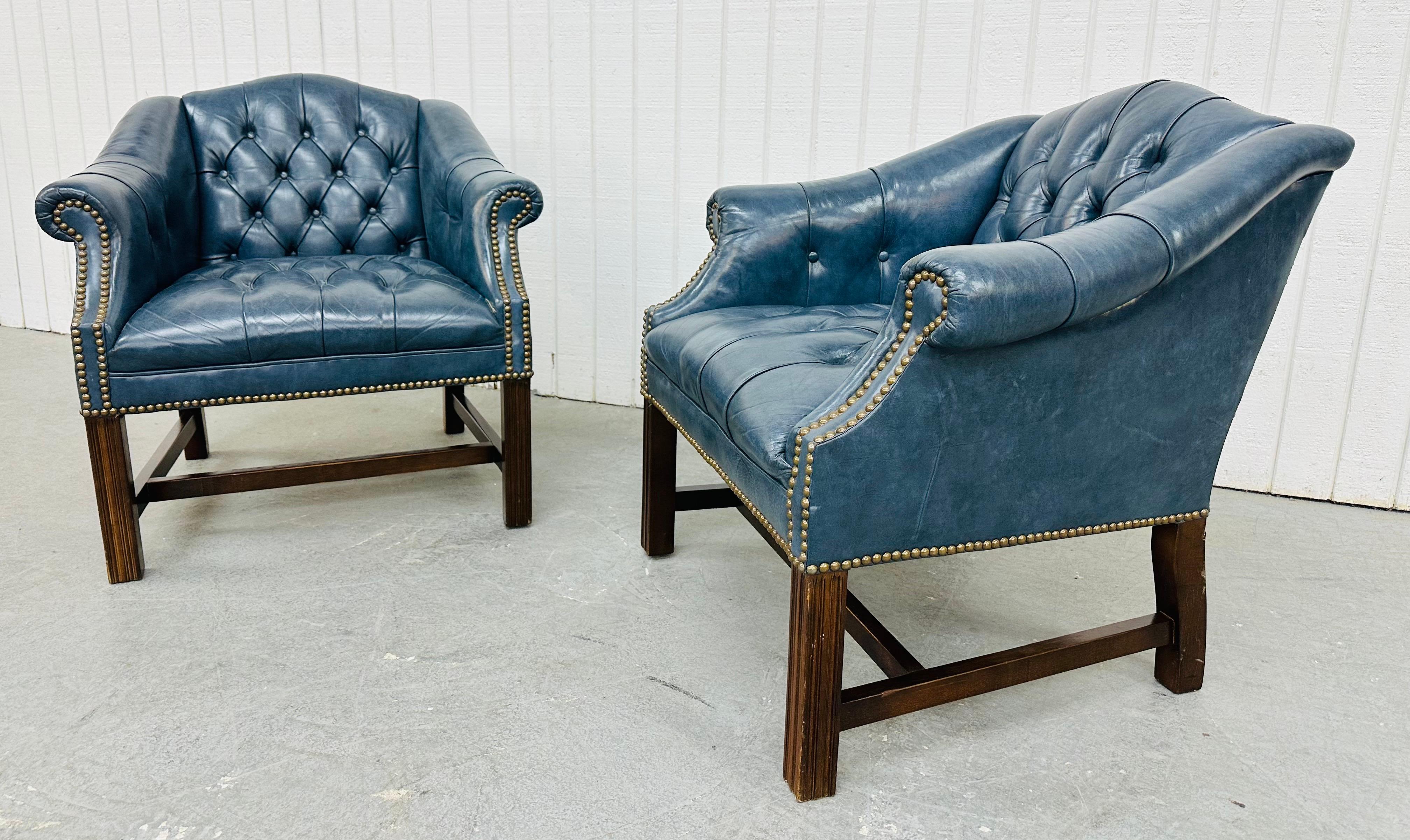 Chippendale Vintage Blue Chesterfield Arm Chairs - Set of 2