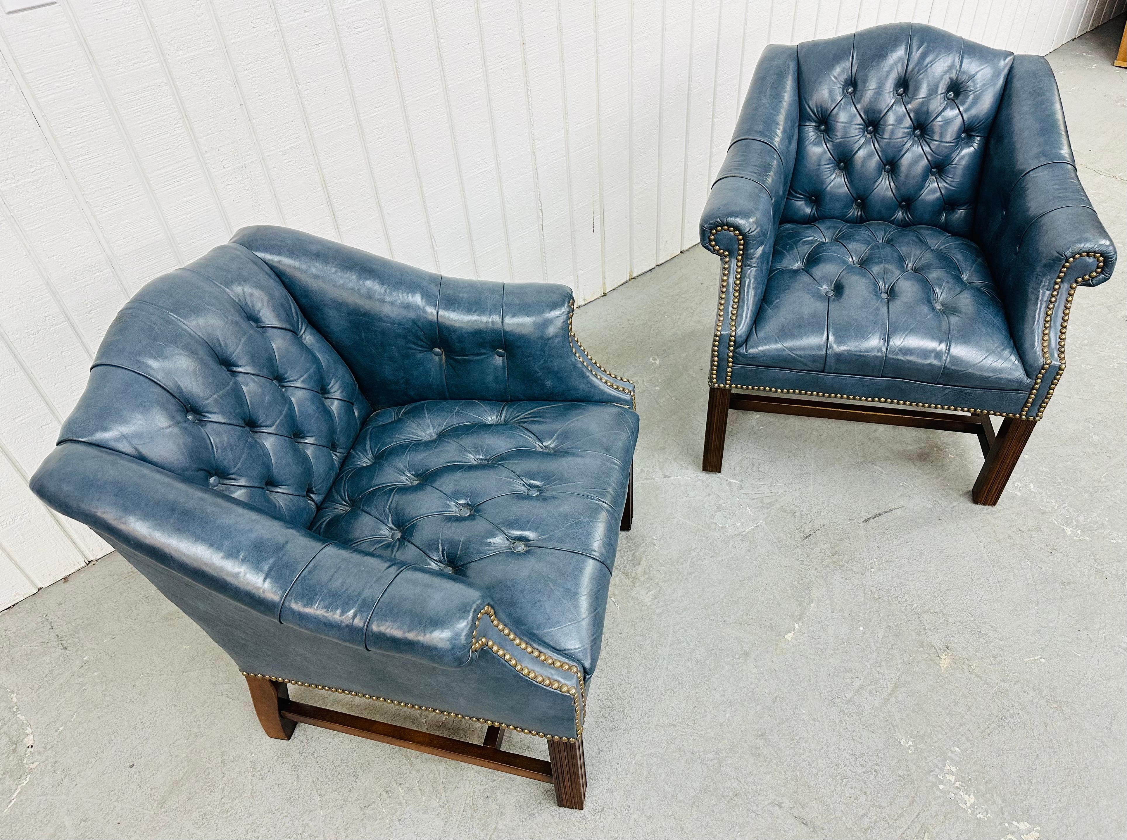 Vintage Blue Chesterfield Arm Chairs - Set of 2 In Good Condition In Clarksboro, NJ