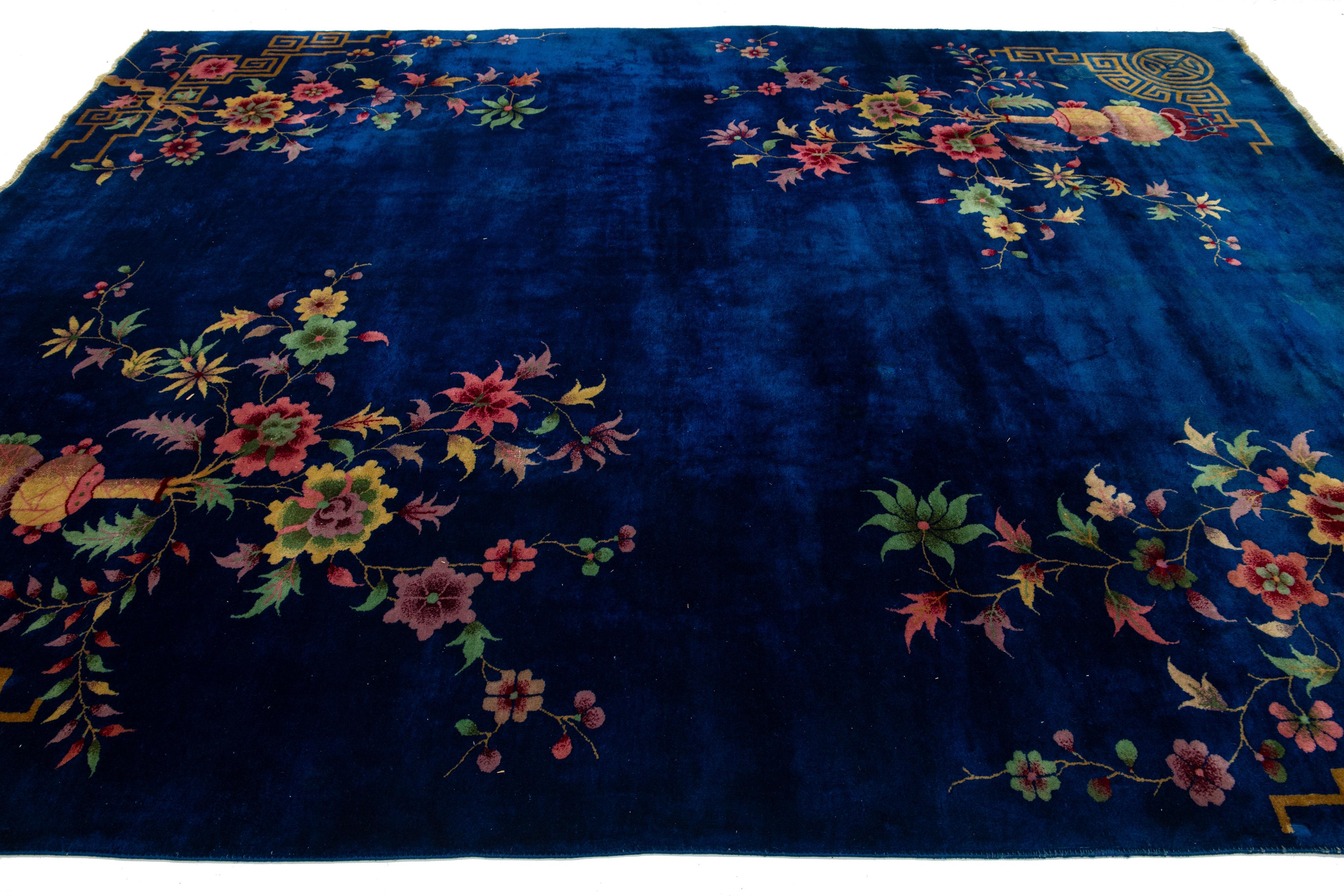 Hand-Knotted Antique Chinese Art Deco Wool Rug Handmade In Blue with Floral Design For Sale