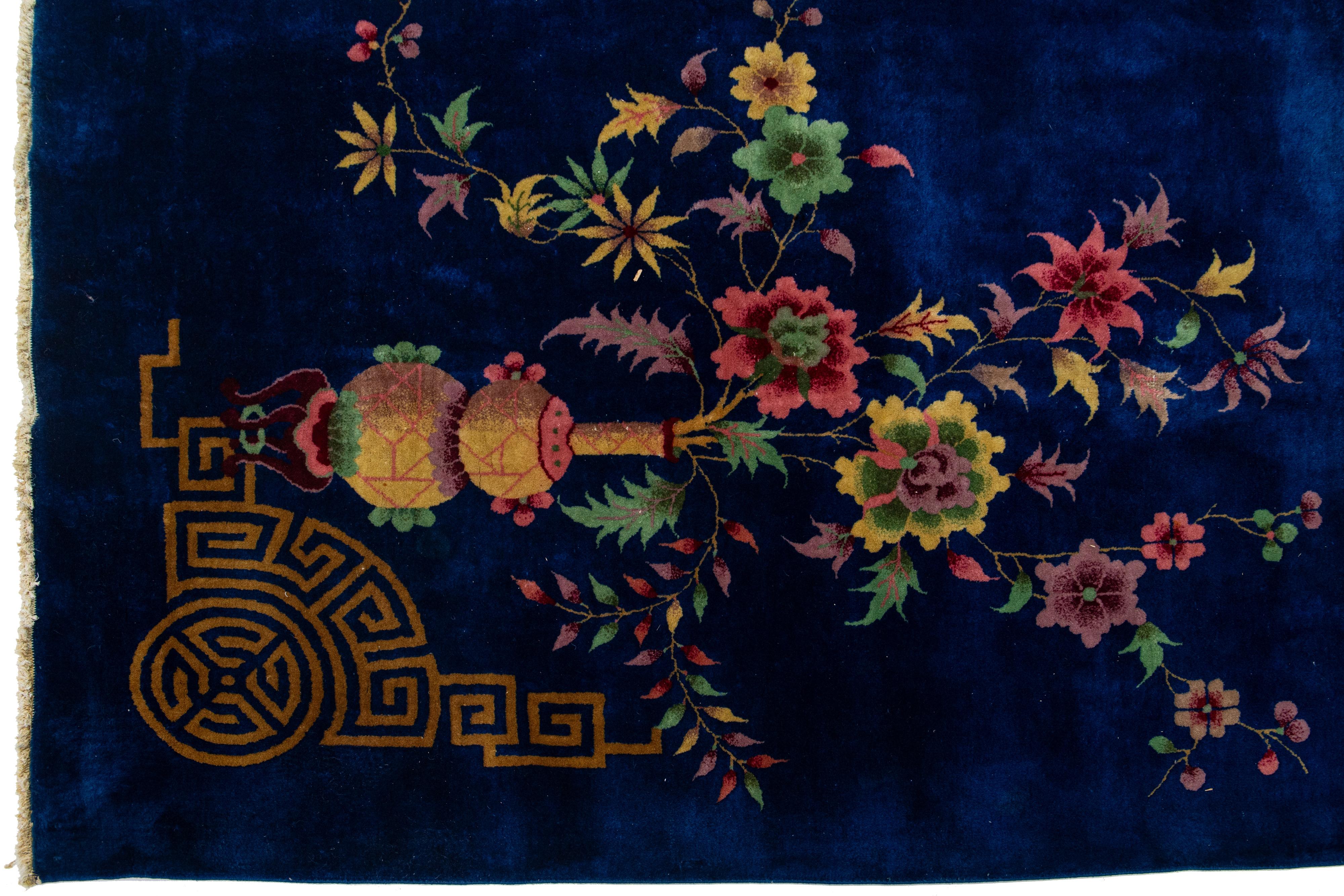 Antique Chinese Art Deco Wool Rug Handmade In Blue with Floral Design In Excellent Condition For Sale In Norwalk, CT
