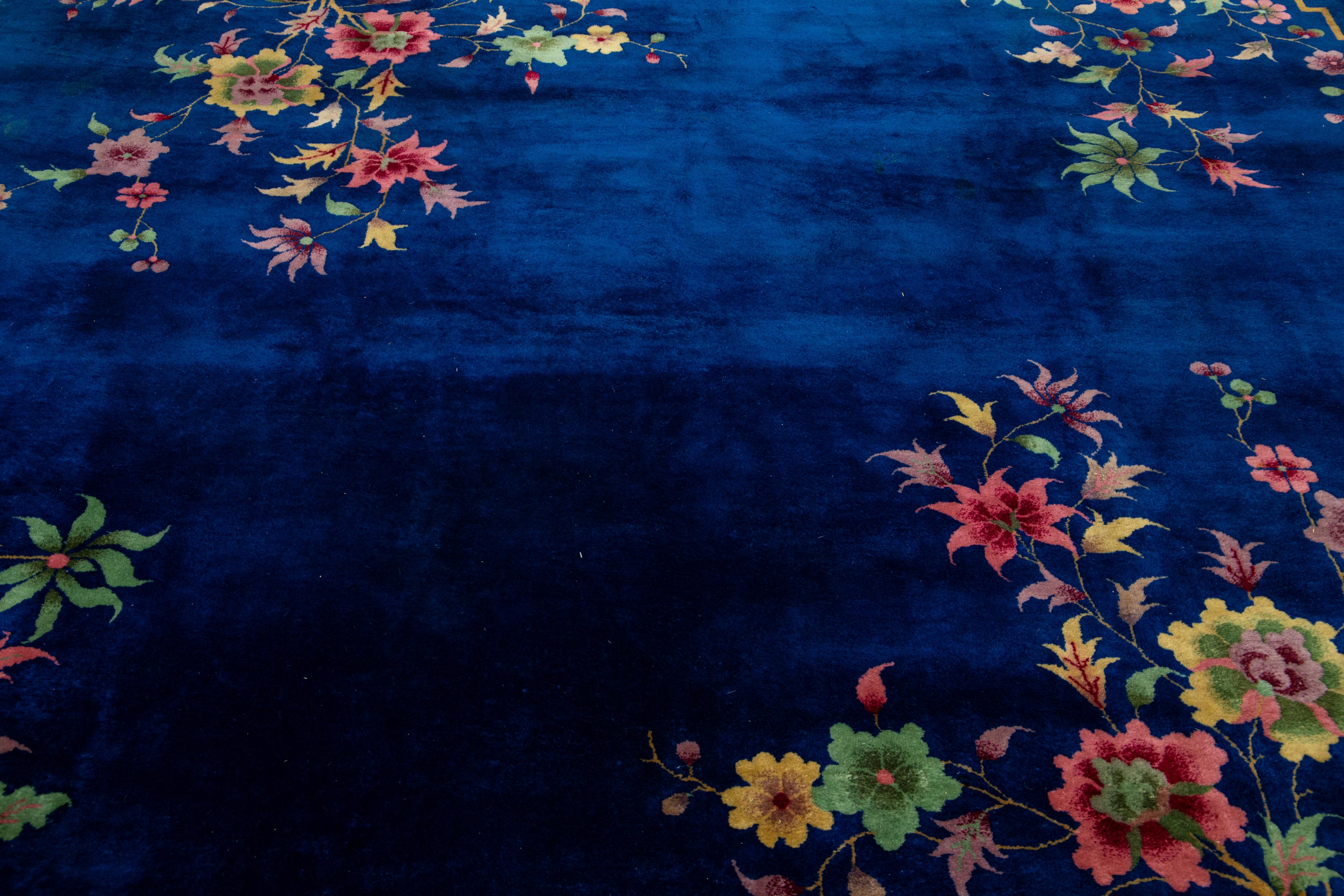 20th Century Antique Chinese Art Deco Wool Rug Handmade In Blue with Floral Design For Sale