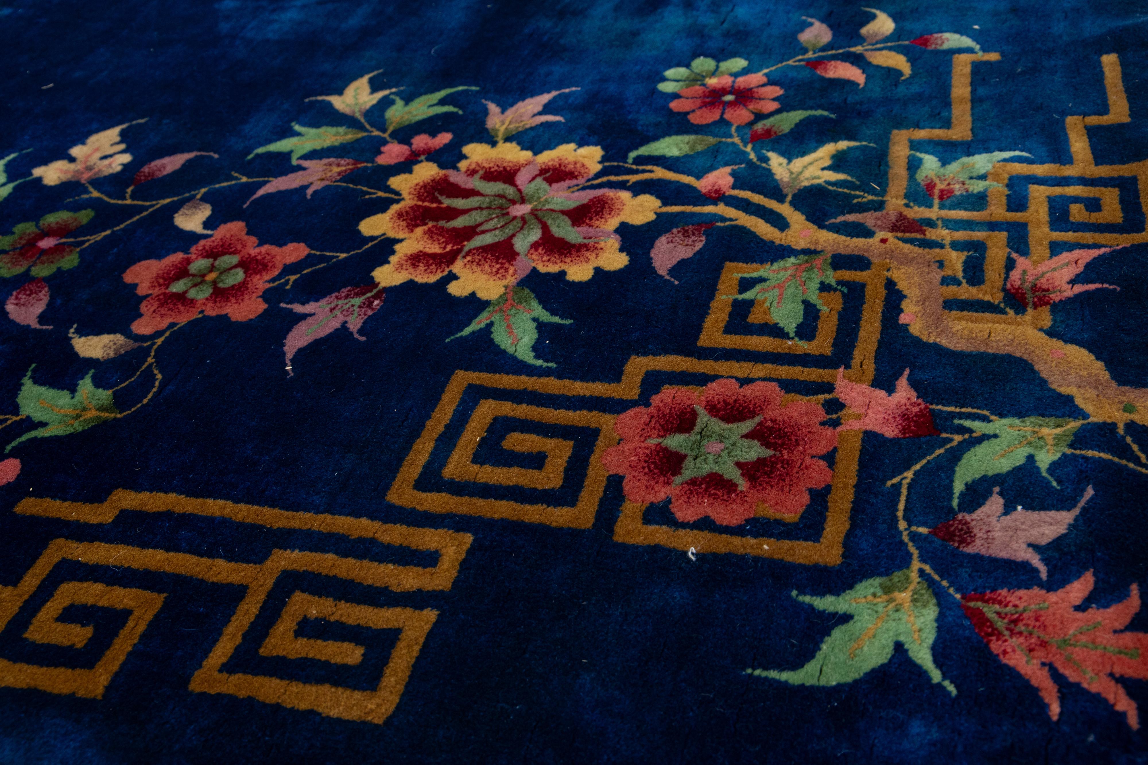Antique Chinese Art Deco Wool Rug Handmade In Blue with Floral Design For Sale 3
